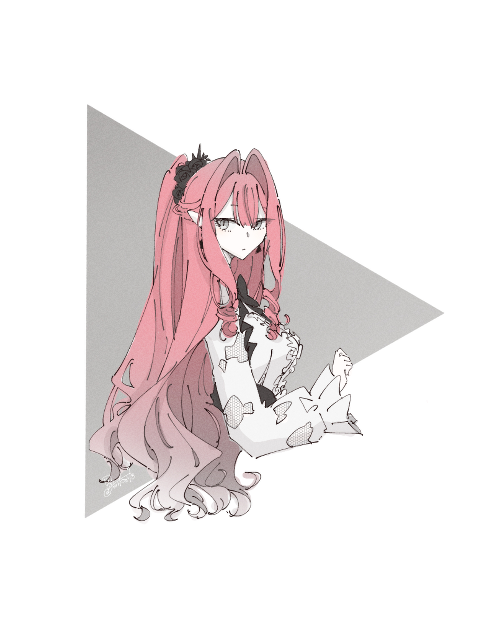 baobhan sith (fate), fate/grand order, fate (series), commentary request, highres, 1girl, breasts, cropped torso, earrings, grey eyes, jewelry, long hair, looking at viewer, pink hair, pointy ears, ponytail, sidelocks, solo, torikai18, upper body