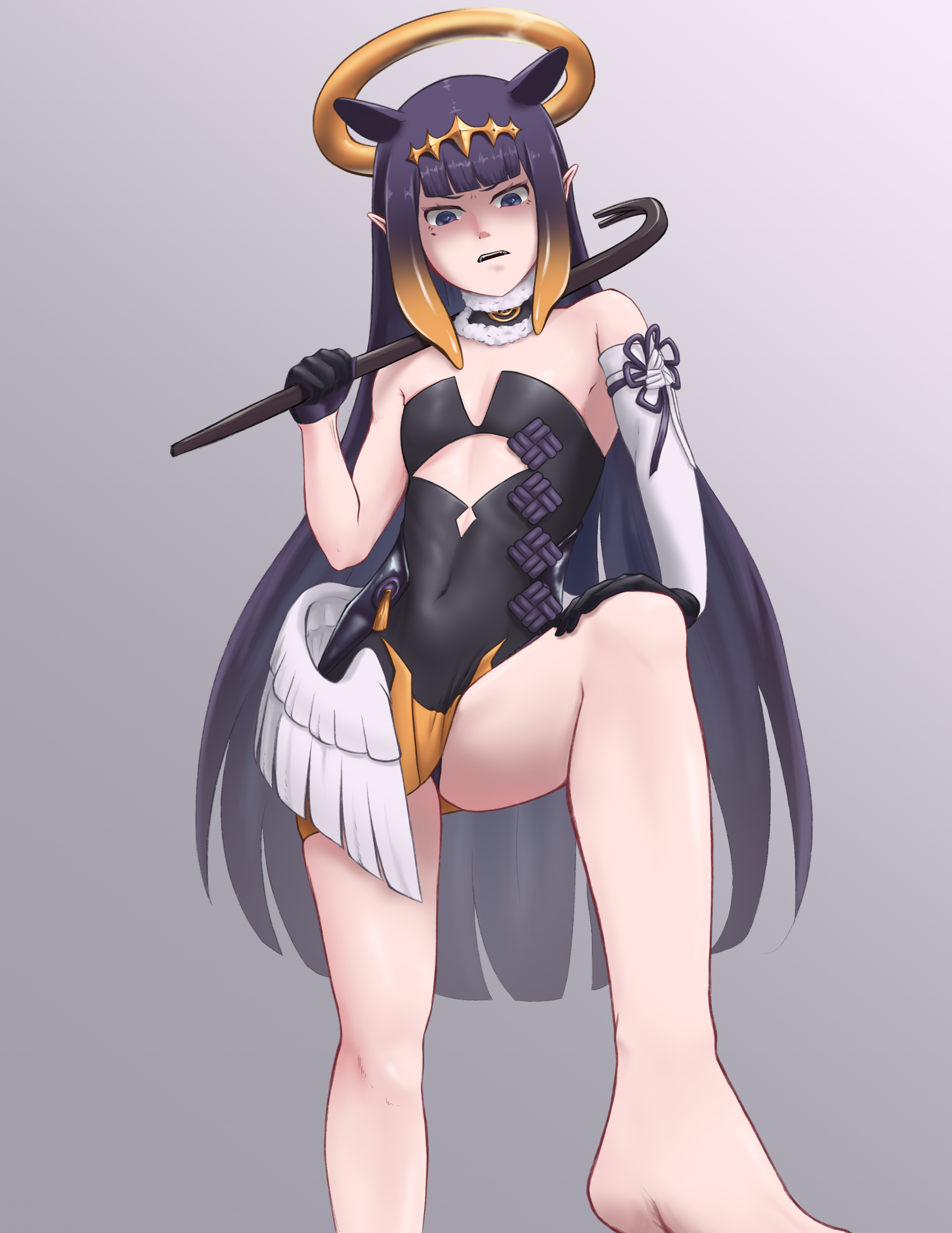 artz only, ninomae ina'nis, ninomae ina'nis (1st costume), hololive, absurdres, commentary, highres, 1girl, asymmetrical sleeves, bare shoulders, barefoot, black gloves, blue eyes, covered navel, crowbar, feathered wings, flat chest, fur trim, gloves, halo, holding, holding crowbar, long hair, low wings, open mouth, orange hair, pov, purple hair, simple background, teeth, tentacle hair, upper teeth only, virtual youtuber, wings