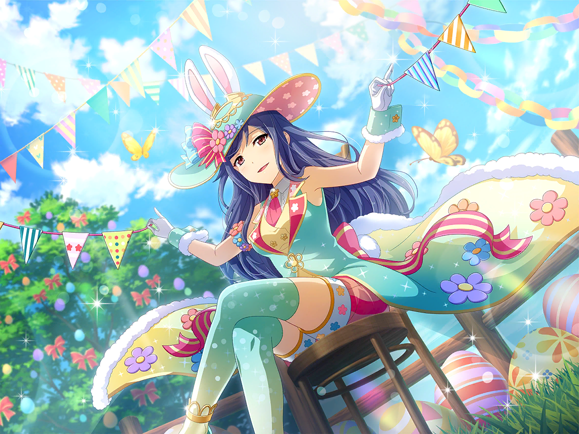 kochou shizuha, shoujo kageki revue starlight, shoujo kageki revue starlight -re live-, game cg, official art, 1girl, animal ear headwear, animal ears, back bow, bow, bug, bunting, butterfly, crossed legs, day, dutch angle, easter, easter egg, egg, fake animal ears, gloves, green hat, green jacket, green thighhighs, hat, holding, insect, jacket, long hair, looking at viewer, necktie, on stool, outstretched arms, parted lips, pennant, pink shorts, purple eyes, purple hair, rabbit ears, red necktie, shorts, sitting, sleeveless, sleeveless jacket, solo, thighhighs, white gloves, wrist cuffs