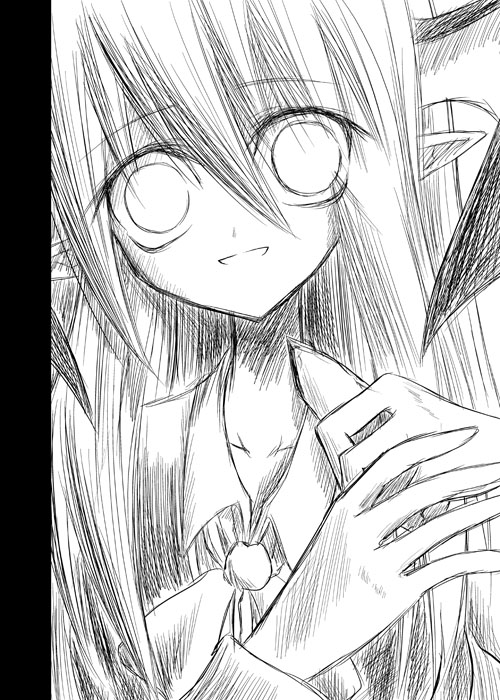 koakuma, embodiment of scarlet devil, touhou, 1girl, empty eyes, female focus, head wings, knife, monochrome, pointy ears, solo, upper body, wings