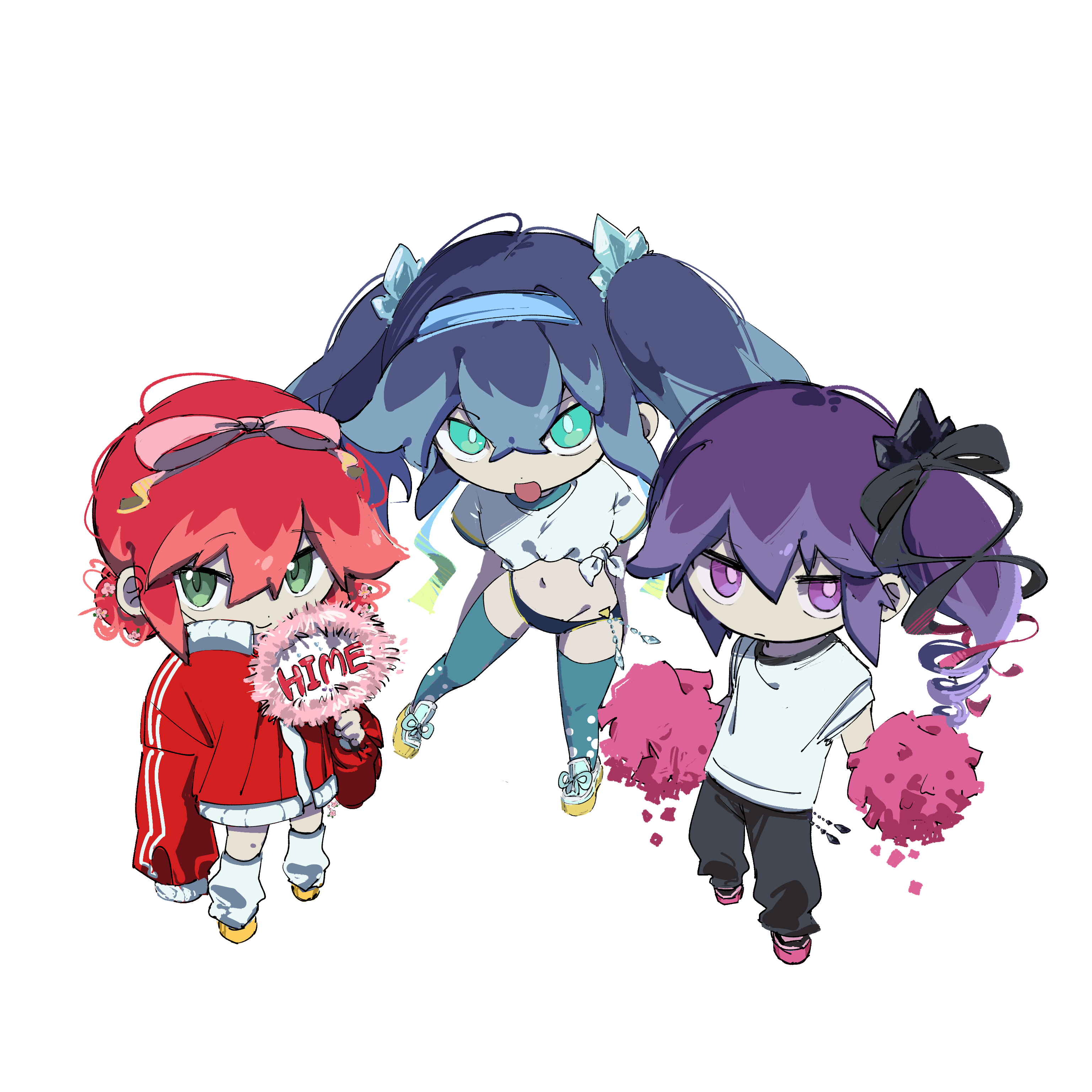 plosauq8q733113, fubukihime, hyakkihime, tsubakihime (youkai watch), undoukai fubukihime, youkai watch, absurdres, commentary request, highres, 3girls, aqua eyes, blue hair, frown, green eyes, gym uniform, looking at viewer, multicolored hair, multiple girls, navel, open mouth, pom pom (cheerleading), purple eyes, purple hair, red hair, shirt, simple background, smile, thighhighs, tied shirt, traditional youkai, twintails, two-tone hair, white background, youkai (youkai watch), yuki onna