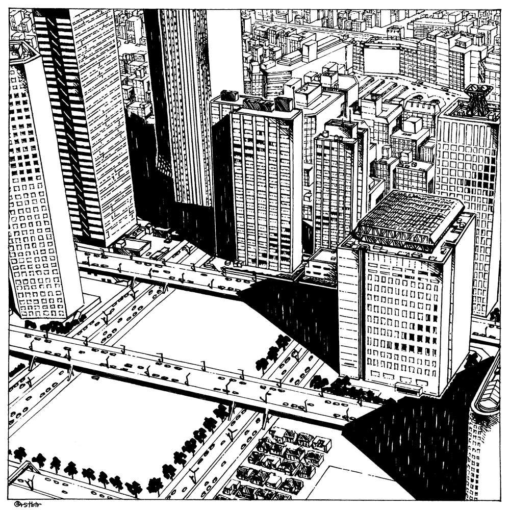 risetto botan renda, original, commentary request, photo-referenced, traditional media, bridge, building, city, greyscale, lineart, monochrome, no humans, outdoors, real world location, road, scenery, shadow, shinjuku (tokyo), skyscraper, street, tokyo (city), twitter username