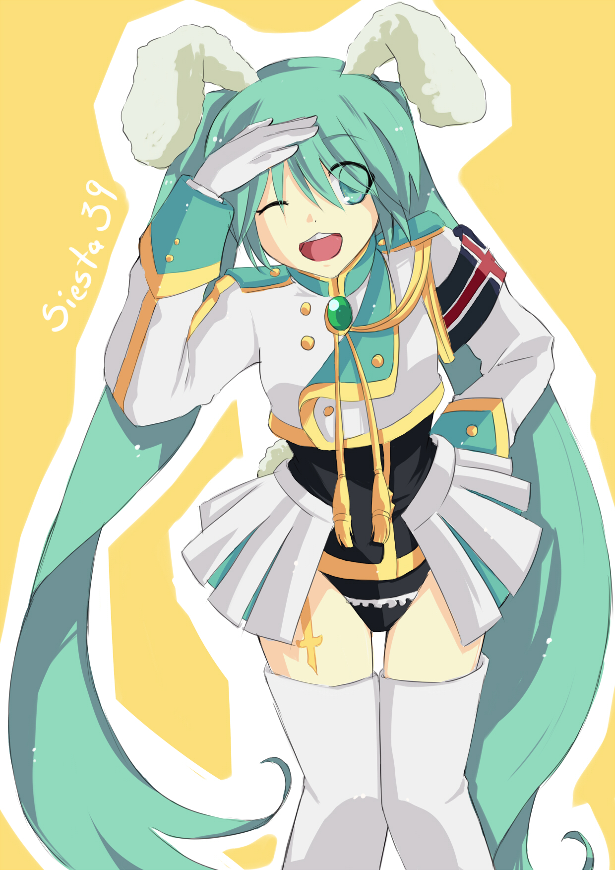 hikusa, chiester00, chiester410, chiester sisters, hatsune miku, umineko no naku koro ni, vocaloid, uniform, highres, 1girl, animal ears, aqua eyes, aqua hair, armband, chiester00 (cosplay), chiester410 (cosplay), cosplay, female focus, gloves, hand on own hip, hip focus, leotard, long hair, one eye closed, rabbit ears, salute, showgirl skirt, solo, thighhighs, twintails, very long hair, wink