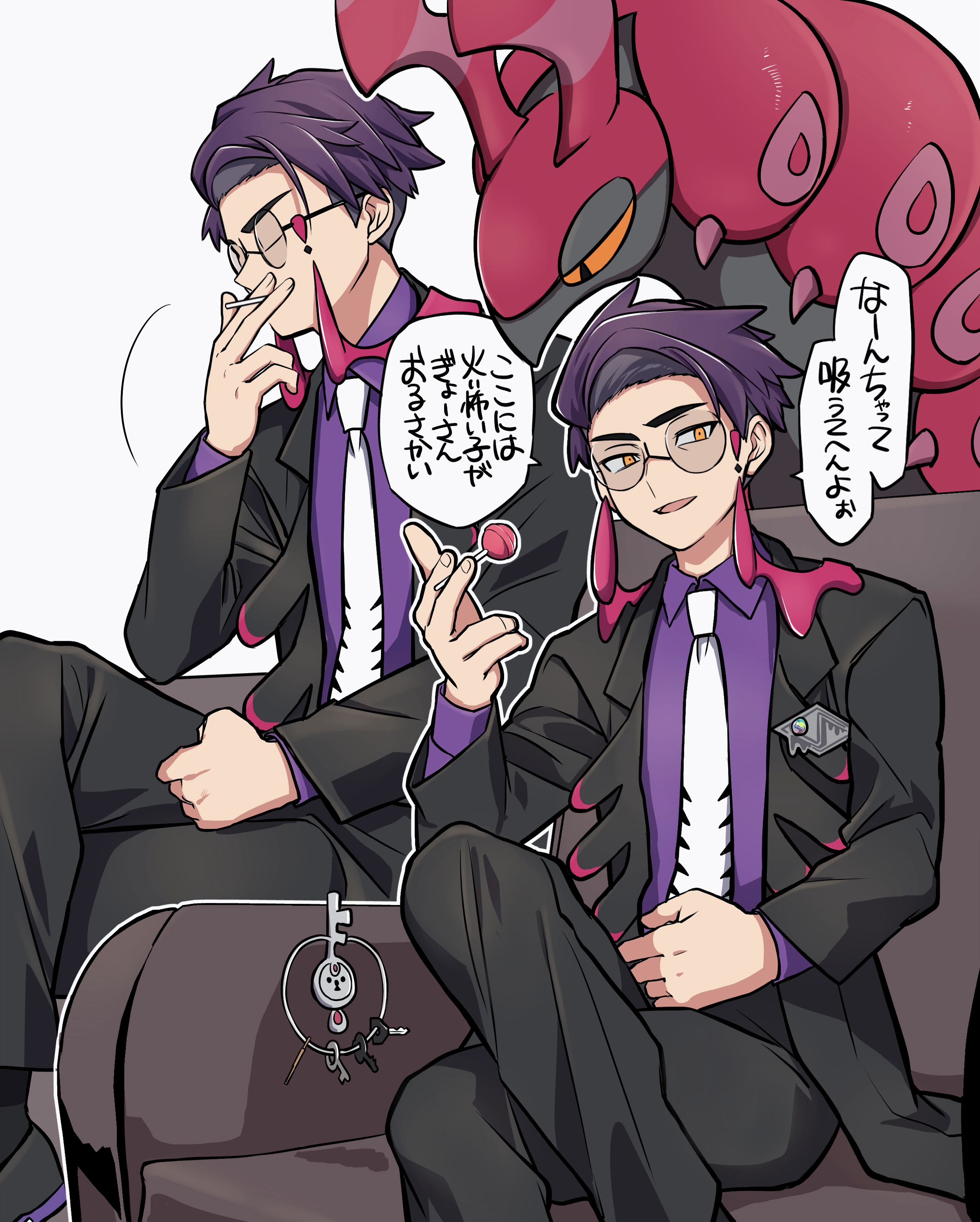 yuuma (u-ma), corbeau (pokemon), klefki, scolipede, nintendo, pokemon, pokemon legends: z-a, absurdres, commentary request, highres, translation request, 1boy, black jacket, black pants, candy, closed eyes, collared shirt, colored sclera, crossed bangs, crossed legs, eyewear strap, food, gen 5 pokemon, gen 6 pokemon, glasses, holding, holding candy, holding food, holding lollipop, jacket, lollipop, long sleeves, male focus, multiple views, necktie, open clothes, open jacket, open mouth, orange eyes, orange sclera, pants, pokemon (creature), purple hair, purple shirt, round eyewear, shirt, simple background, sitting, speech bubble, white nails