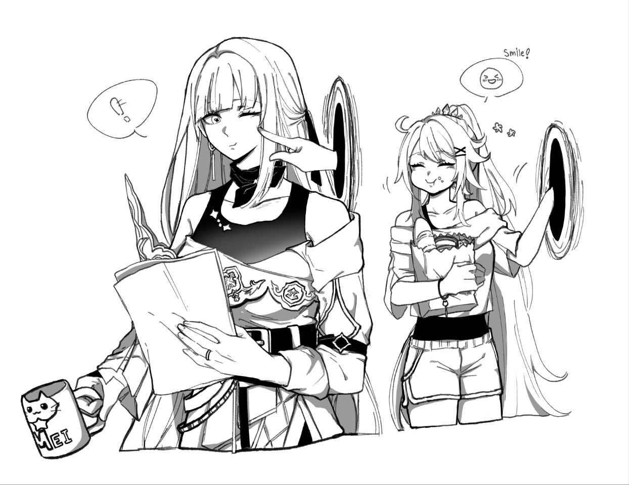 mafuena getkon, kiana kaslana, kiana kaslana (herrscher of finality), raiden mei, raiden mei (apho), honkai (series), honkai impact 3rd, hashtag-only commentary, !, 2girls, ^ ^, ahoge, bag, belt, closed eyes, cup, earrings, eating, emoji, english text, greyscale, hair ornament, hairclip, jewelry, long hair, monochrome, mug, multiple girls, neck ribbon, off shoulder, one eye closed, paper, poking, ribbon, ring, shorts, single earring, tank top, through portal, tiara, very long hair, white background