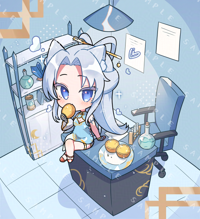 tsukumi bis, original, commentary request, commission, skeb commission, 1girl, animal ear fluff, animal ears, black gloves, blue eyes, blue hair, blush, borrowed character, breasts, cat ears, cat girl, cat tail, chibi, chibi only, china dress, chinese clothes, cleavage, cleavage cutout, closed mouth, clothing cutout, crossed legs, dress, eating, egg tart, fingerless gloves, flask, food, full body, gloves, hair ornament, hair stick, heart, holding, holding food, indoors, long hair, looking at viewer, parted bangs, round-bottom flask, sample watermark, sitting, sleeveless, sleeveless dress, solo, spinning chair, table, tail, test tube, watermark
