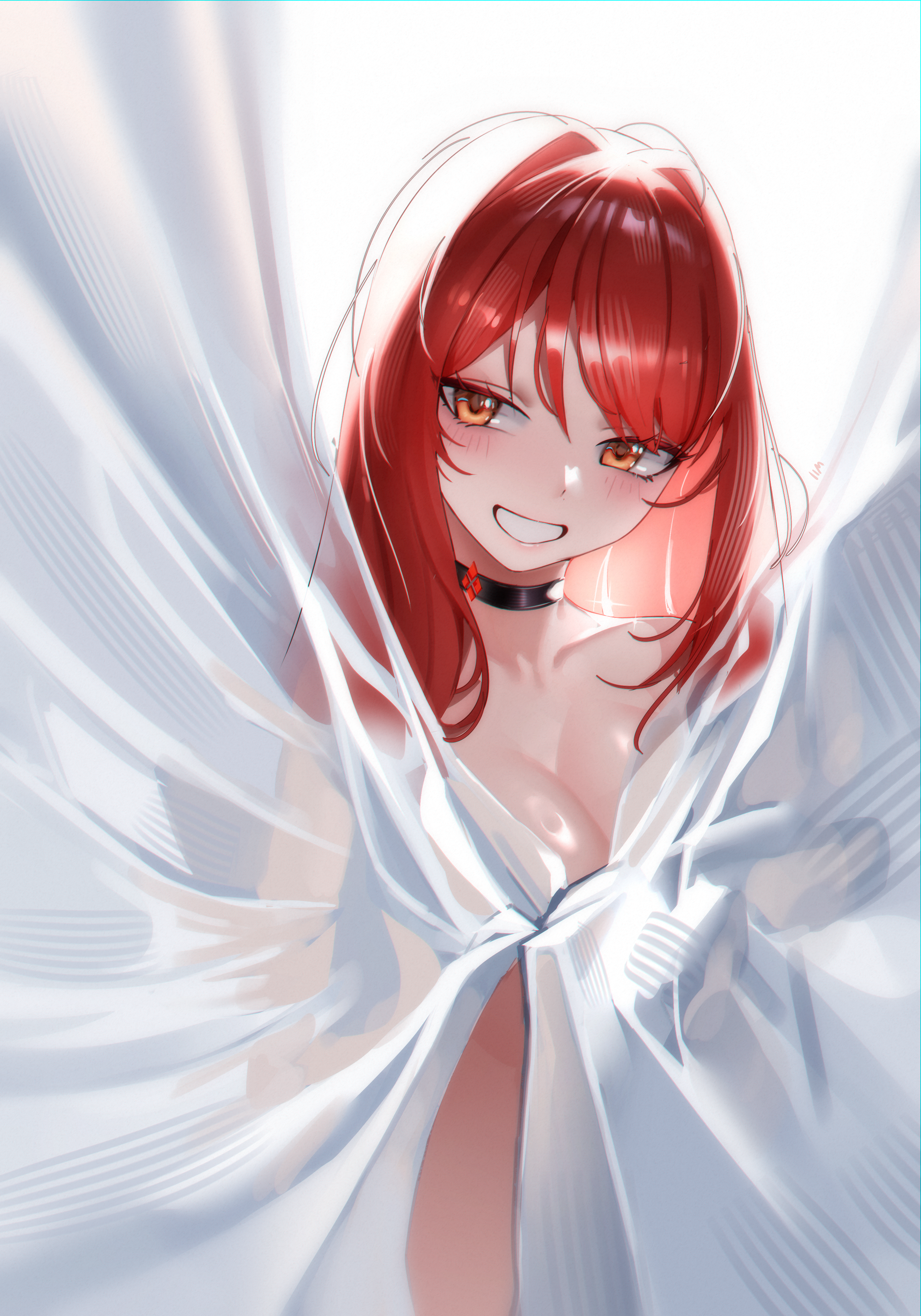 1im illus, rapi (nikke), rapi (red hood) (cherished red) (nikke), rapi (red hood) (nikke), goddess of victory: nikke, absurdres, highres, 1girl, black choker, blush, breasts, choker, collarbone, curtains, grin, large breasts, long hair, nude, official alternate costume, red eyes, red hair, simple background, smile, solo, upper body, white background