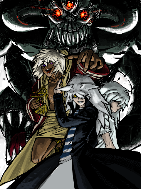 ichi (ititomi), uma (nomi no shinzou), bakura ryou, touzokuou bakura, yami bakura, zorc necrophades, yu-gi-oh!, yu-gi-oh! duel monsters, silver hair, bad id, bad pixiv id, 3boys, dark-skinned male, dark skin, demon, duel monster, horns, male focus, multiple boys, multiple persona, tan