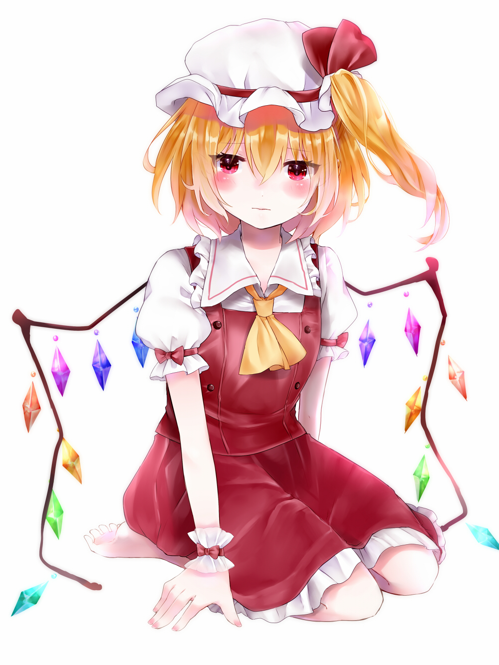 minatsuki yurara, flandre scarlet, touhou, commentary request, highres, 1girl, ascot, barefoot, blonde hair, blush, bow, closed mouth, collared shirt, crystal, crystal wings, frilled shirt collar, frilled skirt, frills, hat, hat ribbon, looking at viewer, mob cap, multicolored wings, one side up, puffy short sleeves, puffy sleeves, red bow, red eyes, red ribbon, red skirt, red vest, ribbon, seiza, shirt, short sleeves, sitting, skirt, skirt set, sleeve bow, solo, toes, vest, white hat, wings, wrist cuffs, yellow ascot