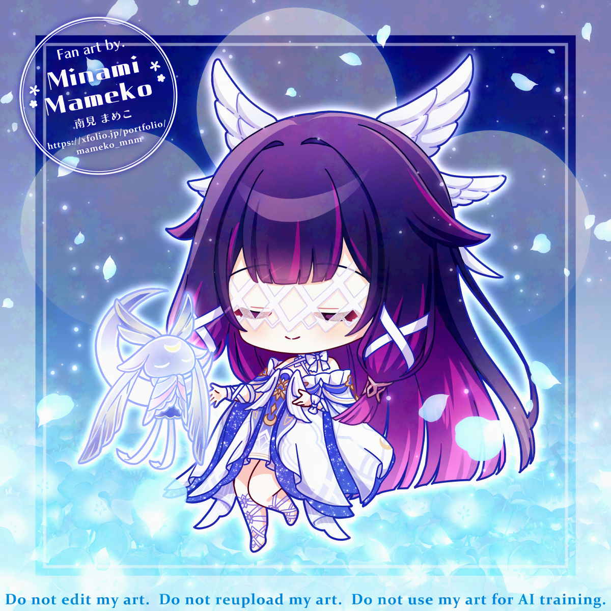 mameko minami, columbina (genshin impact), luonnotar (genshin impact), genshin impact, adversarial noise, commentary request, highres, partial commentary, 1girl, black hair, blue background, chibi, chibi only, closed eyes, closed mouth, dress, falling petals, floating, full body, hair ornament, long sidelocks, multicolored hair, petals, purple hair, sidelocks, solo, watermark, white dress, wing hair ornament