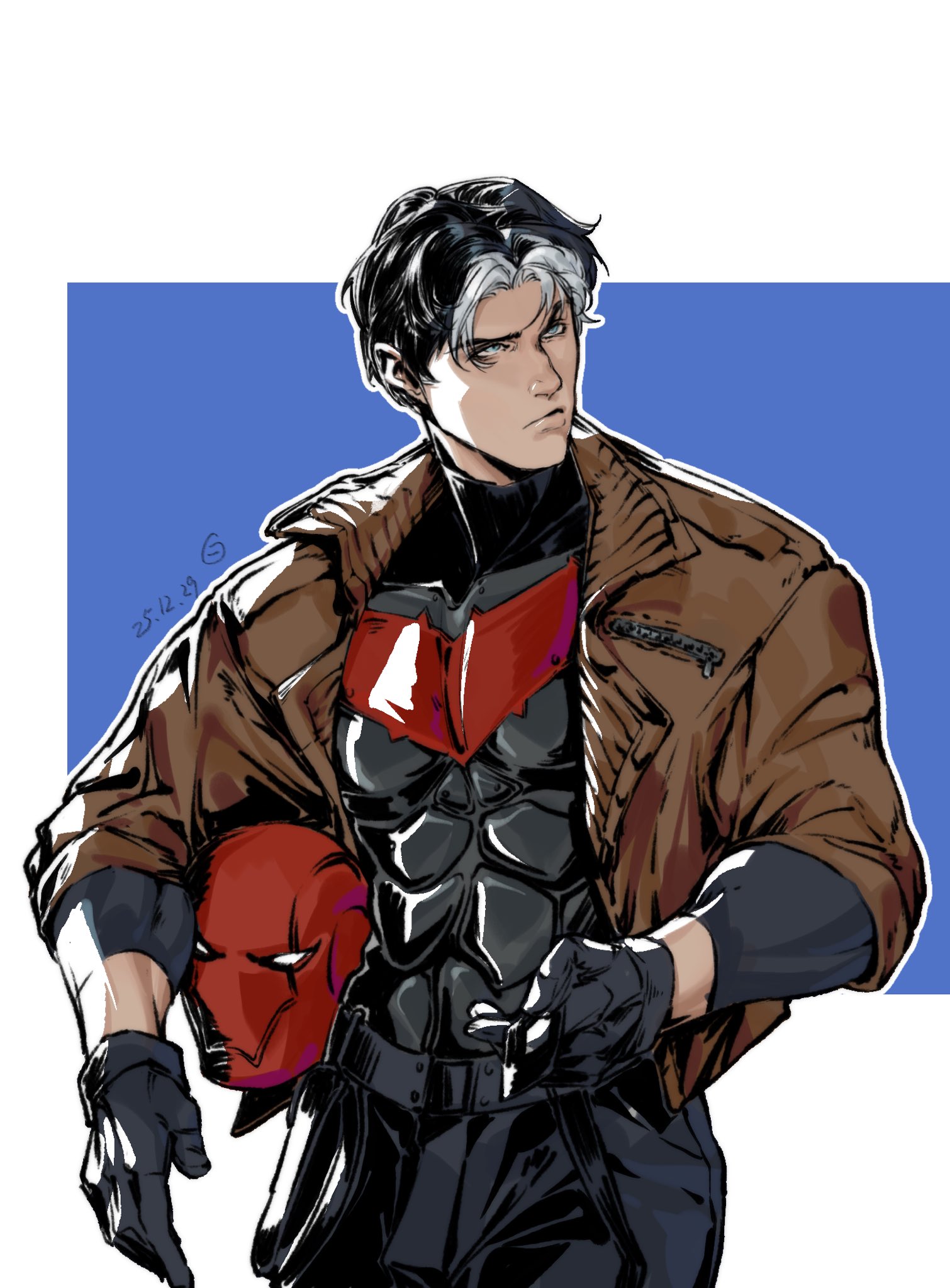 baique07, jason todd, red hood (dc), batman (series), dc comics, red hood and the outlaws, hashtag-only commentary, highres, 1boy, bat signal, batman symbol, black bodysuit, black gloves, black hair, blue eyes, bodysuit, brown jacket, gloves, grey bodysuit, jacket, male focus, mask, multicolored bodysuit, muscular, muscular male, open clothes, pants, red mask, superhero costume, taut bodysuit, two-tone bodysuit
