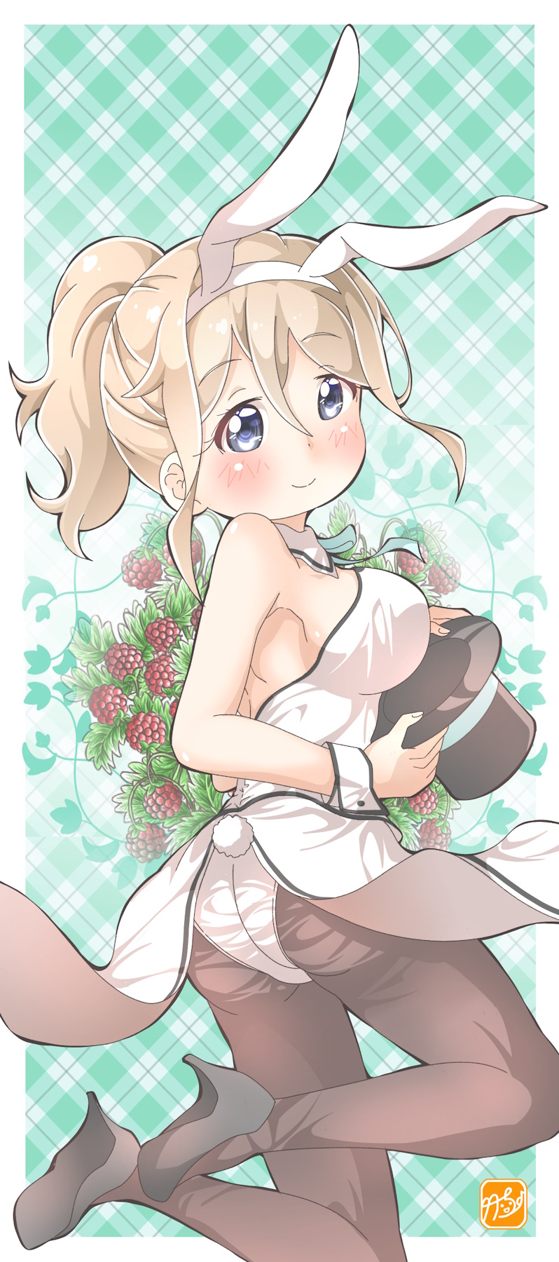 takecho, aoyama blue mountain, gochuumon wa usagi desu ka?, commentary request, highres, 1girl, animal ears, black shoes, blonde hair, blush, hat, high heels, holding, holding unworn clothes, holding unworn hat, leotard, pantyhose, playboy bunny, ponytail, rabbit ears, rabbit tail, shoes, solo, tail, top hat, unworn hat, unworn headwear, white leotard, wrist cuffs