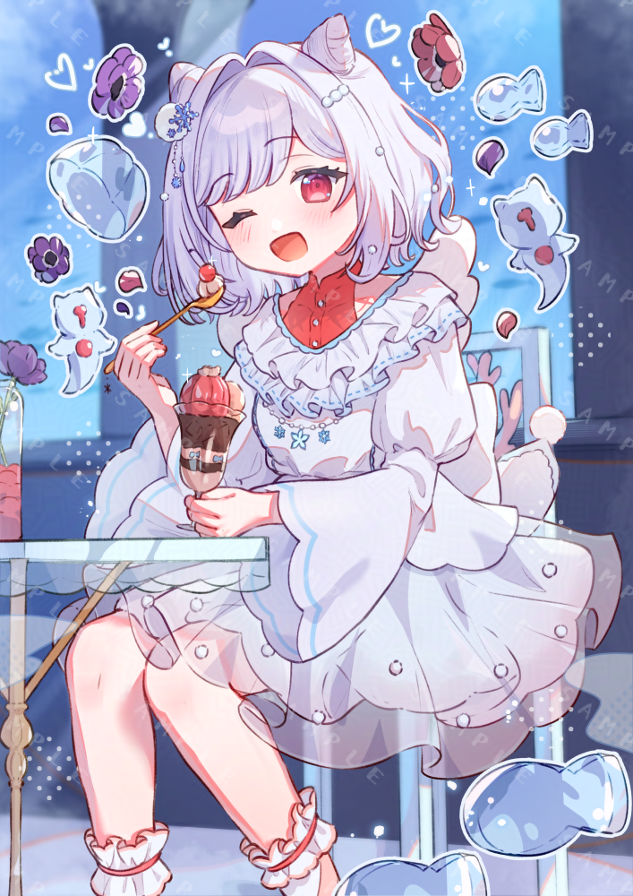 tsukumi bis, indie virtual youtuber, commentary request, commission, skeb commission, 1girl, ;d, blush, chair, cone hair bun, cup, double bun, dress, drinking glass, eating, feet out of frame, food, hair bun, hair intakes, holding, holding cup, holding spoon, juliet sleeves, long sleeves, looking at viewer, one eye closed, open mouth, parfait, parfait glass, parted bangs, puffy sleeves, red eyes, sample watermark, short hair, sitting, smile, solo, spoon, table, virtual youtuber, watermark, white dress, white hair, wide sleeves, yukino umi (vtuber)
