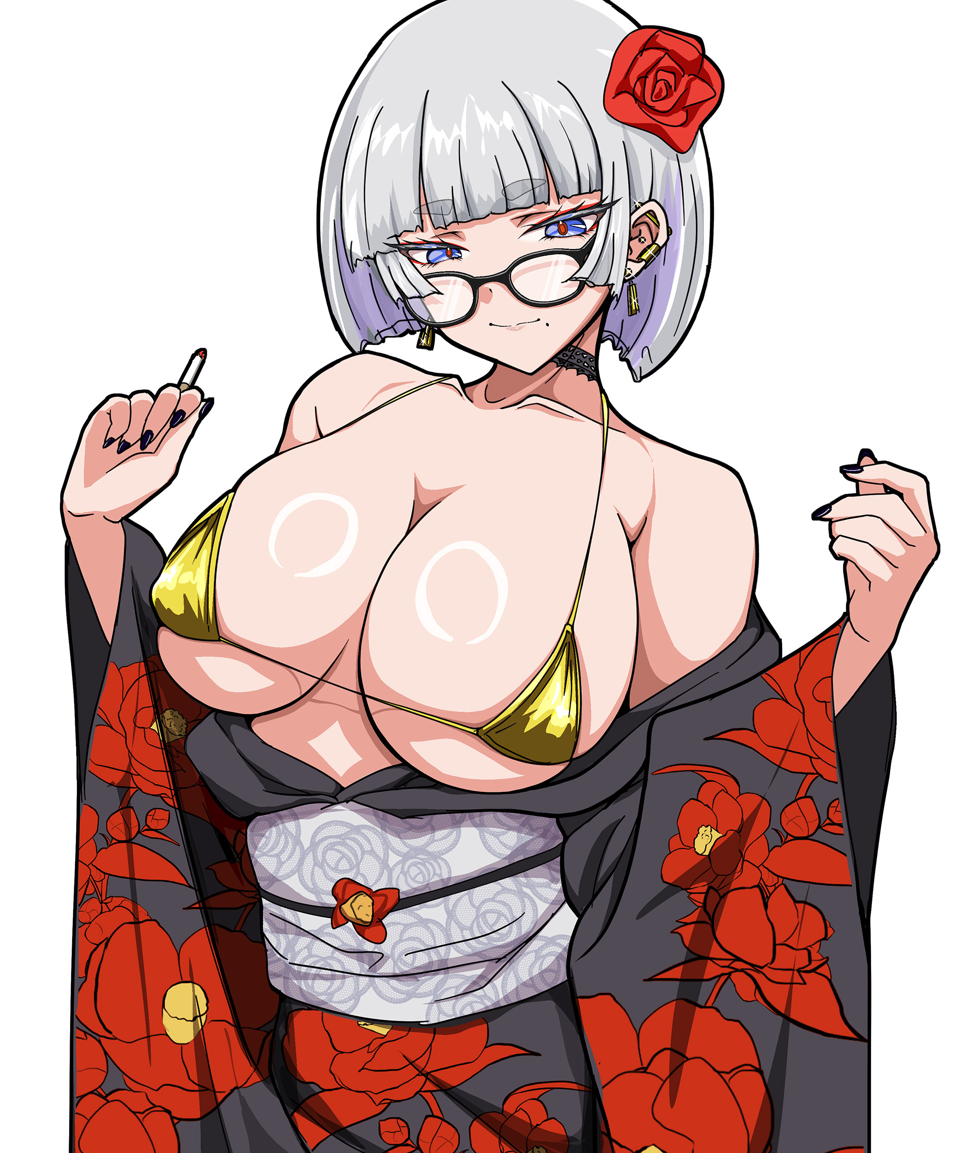 sakurein, original, commentary request, highres, 1girl, bikini, black-framed eyewear, black choker, black kimono, black nails, blue eyes, bob cut, breasts, choker, closed mouth, earrings, floral print, floral print kimono, flower, glasses, grey hair, hair flower, hair ornament, huge breasts, japanese clothes, jewelry, kimono, looking at viewer, micro bikini, print kimono, red pupils, simple background, smile, solo, swimsuit, white background