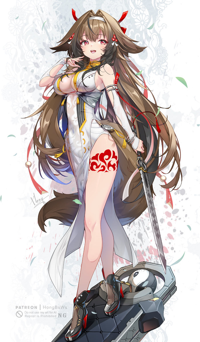 hong (white spider), ye shunguang, zenless zone zero, commentary request, highres, 1girl, artist name, black shoes, breasts, brown hair, dress, full body, hairband, holding, holding sword, holding weapon, leg tattoo, long hair, looking at viewer, medium breasts, open mouth, shoes, smile, solo, standing, sword, tattoo, thighs, weapon, white dress, white hairband