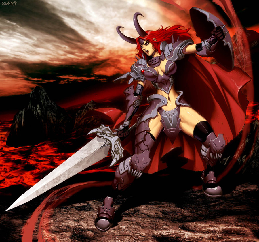 genzoman, keira the dread knight, castle age, 1girl, armor, female focus, horns, red hair, shield, solo, sword, weapon