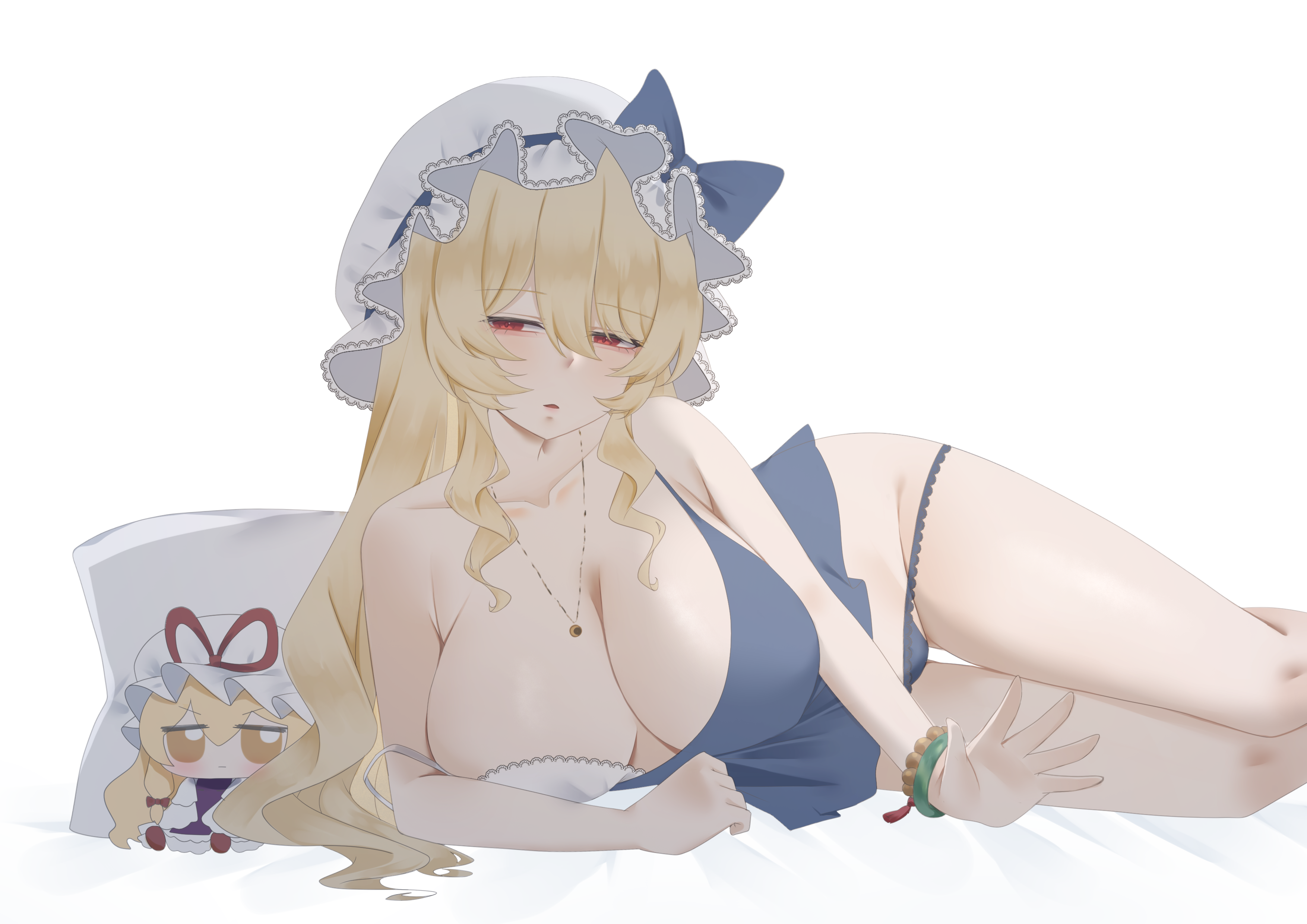 no noru, watatsuki no toyohime, yakumo yukari, touhou, absurdres, commentary, highres, 1girl, alternate breast size (larger), alternate costume, bikini, blonde hair, blue bikini, blue bow, blush, bow, breasts, cleavage, collarbone, fumo (doll), groin, hat, hat bow, huge breasts, jewelry, long hair, looking at viewer, lying, necklace, on side, open mouth, pillow, red eyes, solo, swimsuit, white hat