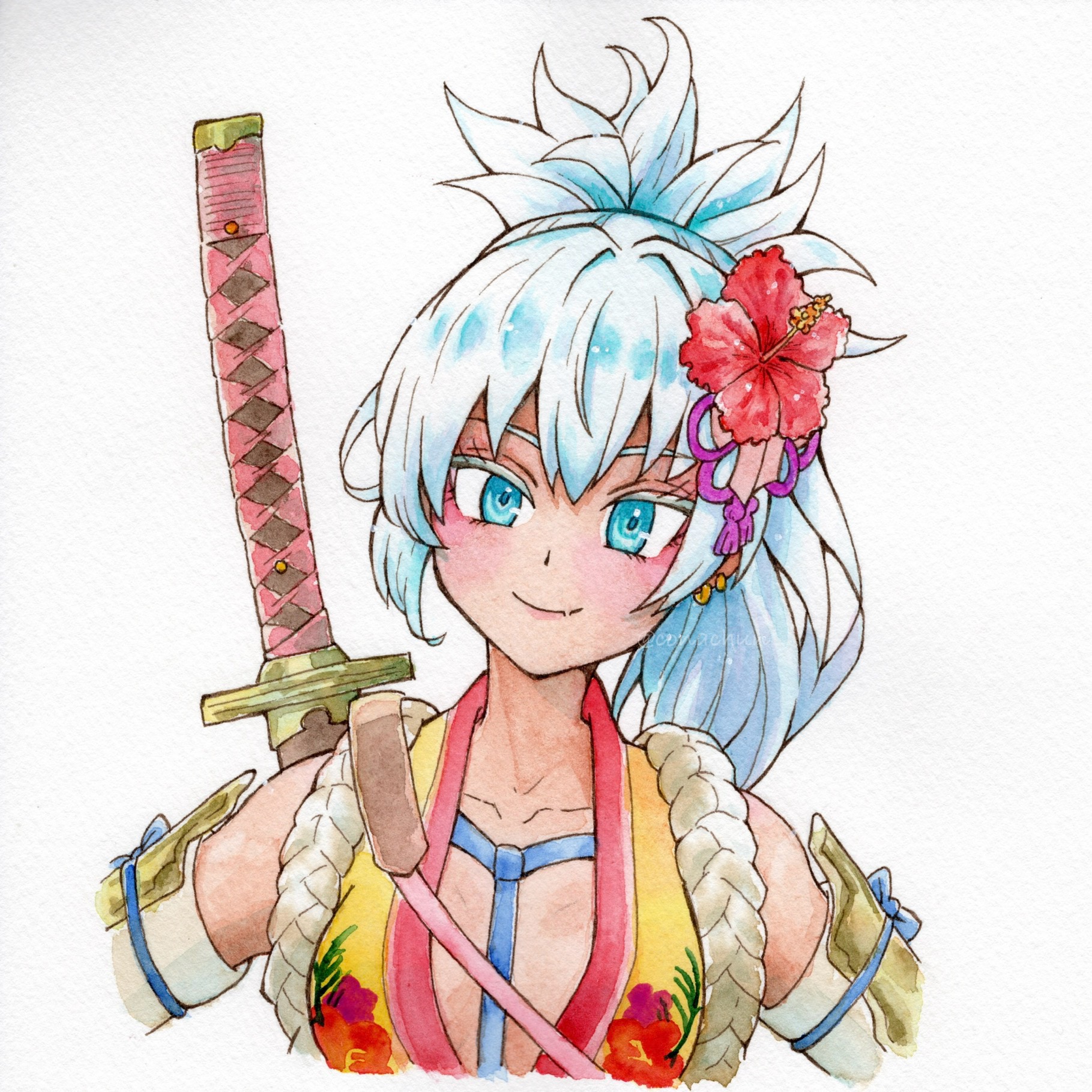 conachun, matsuri (rune factory), rune factory, rune factory: guardians of azuma, commentary request, highres, painting (medium), traditional media, watercolor (medium), 1girl, armor, blue eyes, breasts, closed mouth, collarbone, eyelashes, flower, hibiscus, japanese armor, large breasts, looking at viewer, ponytail, shoulder armor, simple background, smile, sode, solo, sword, sword on back, upper body, weapon, weapon on back