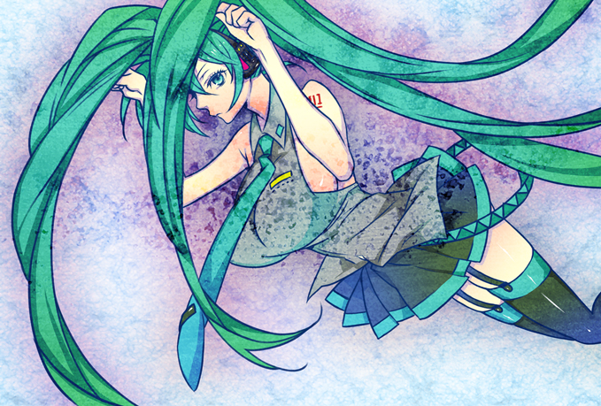 kaguyuzu, hatsune miku, vocaloid, bad id, bad pixiv id, alternate breast size (larger), aqua eyes, aqua hair, breasts, huge breasts, long hair, necktie, skirt, solo, thighhighs, twintails, very long hair