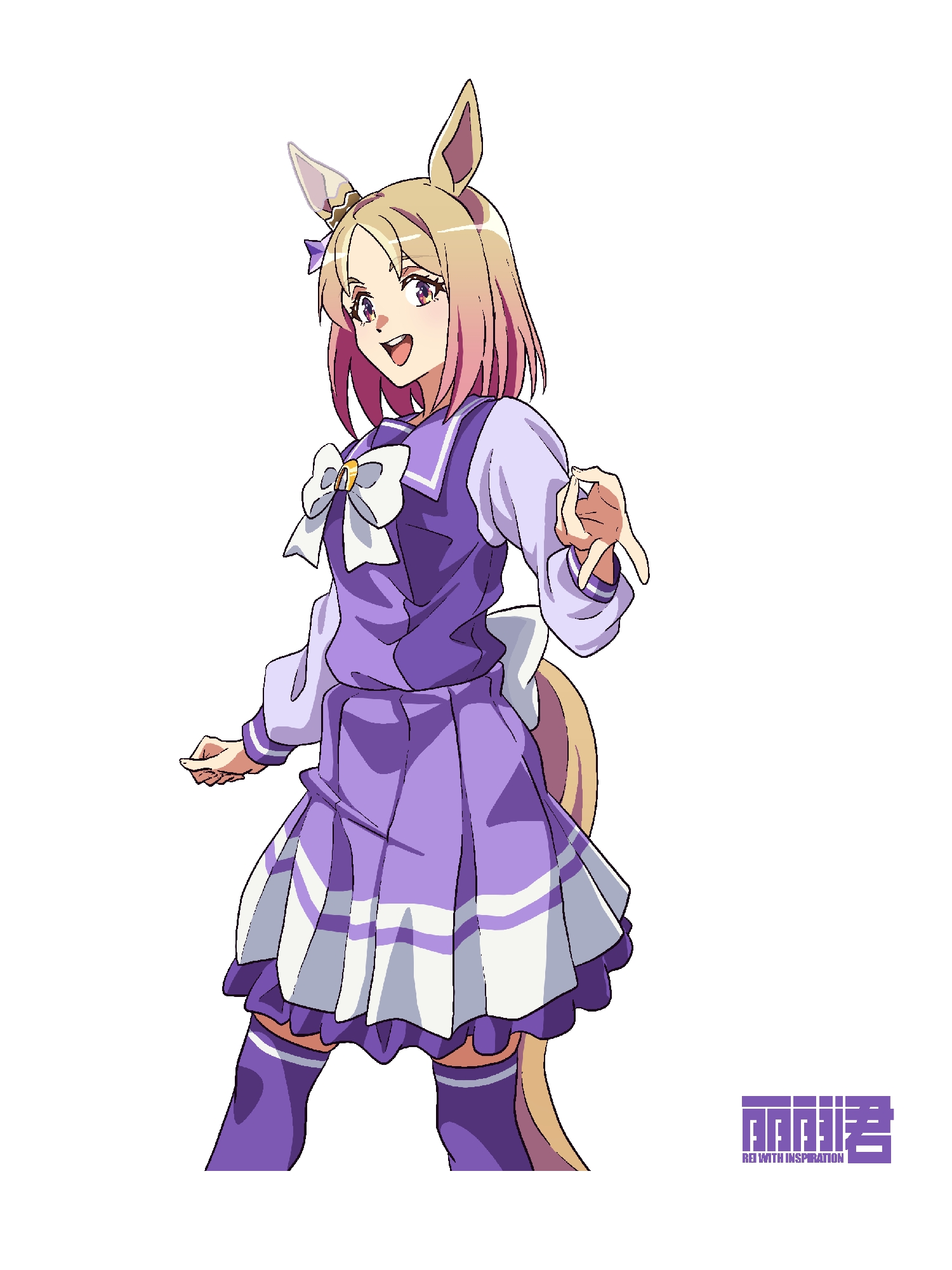 li li li li jun, narita top road (umamusume), umamusume, chinese commentary, commentary request, highres, 1girl, animal ears, artist name, blonde hair, gradient eyes, gradient hair, horse ears, horse girl, horse tail, looking at viewer, multicolored eyes, multicolored hair, school uniform, short hair, smile, solo, tail, tracen school uniform, v, white background