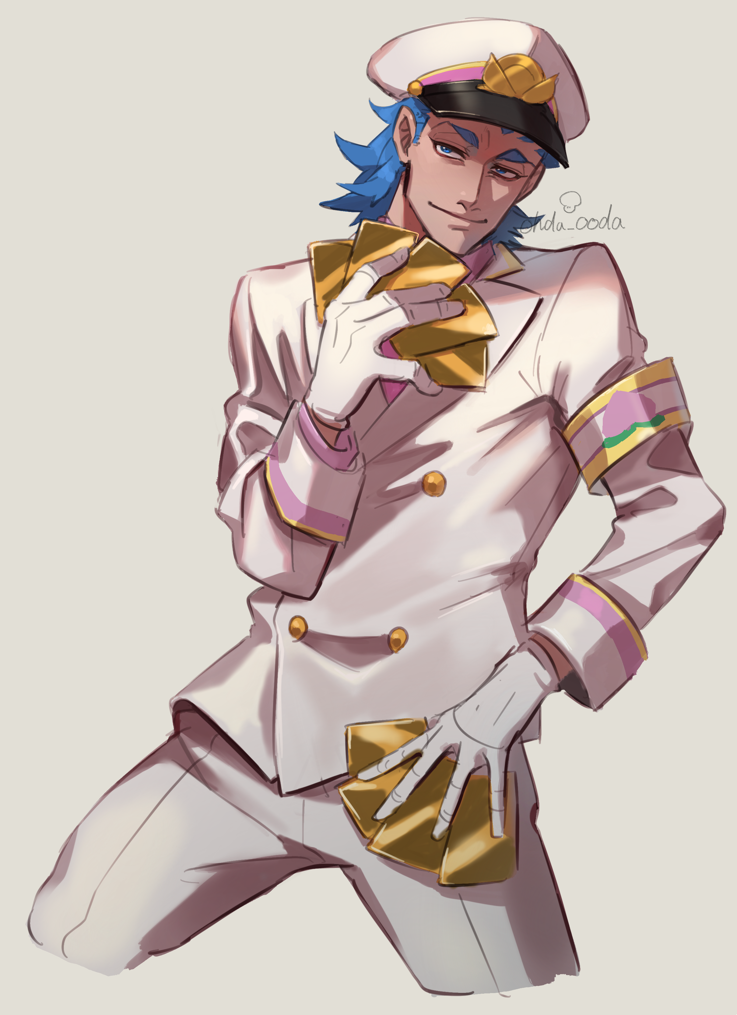 2bro., saida (ohda ooda), absurdres, commentary request, highres, 1boy, anija (2bro.), armband, blue eyes, blue hair, closed mouth, cropped legs, gloves, hat, holding, jacket, long sleeves, looking at viewer, male focus, military uniform, pants, peaked cap, solo, white gloves, white hat, white jacket, white pants