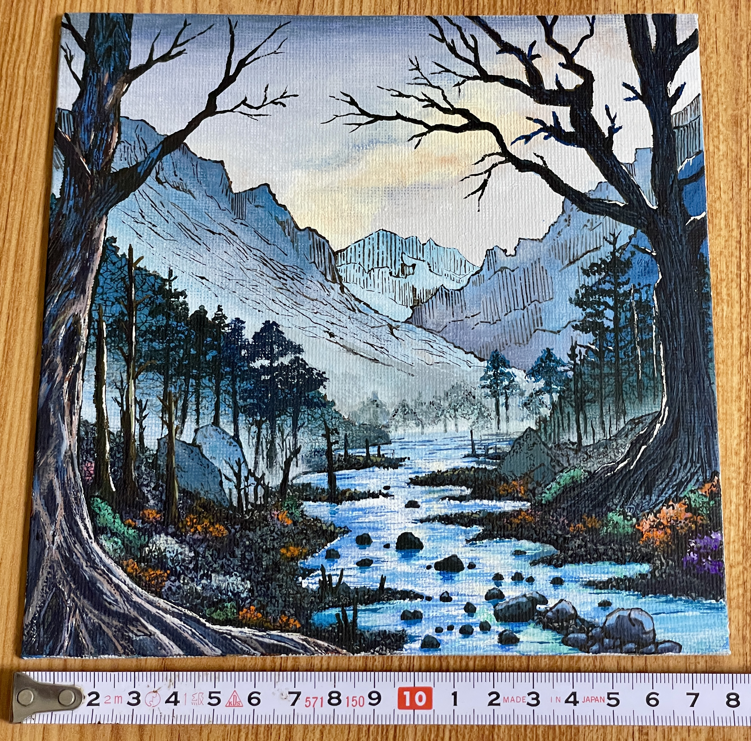 original, absurdres, acrylic paint (medium), commentary request, highres, painting (medium), photo (medium), traditional media, bare tree, dated commentary, day, forest, grey sky, landscape, mountain, nature, no humans, outdoors, pine tree, river, scenery, sky, tree, user znxw3823, water