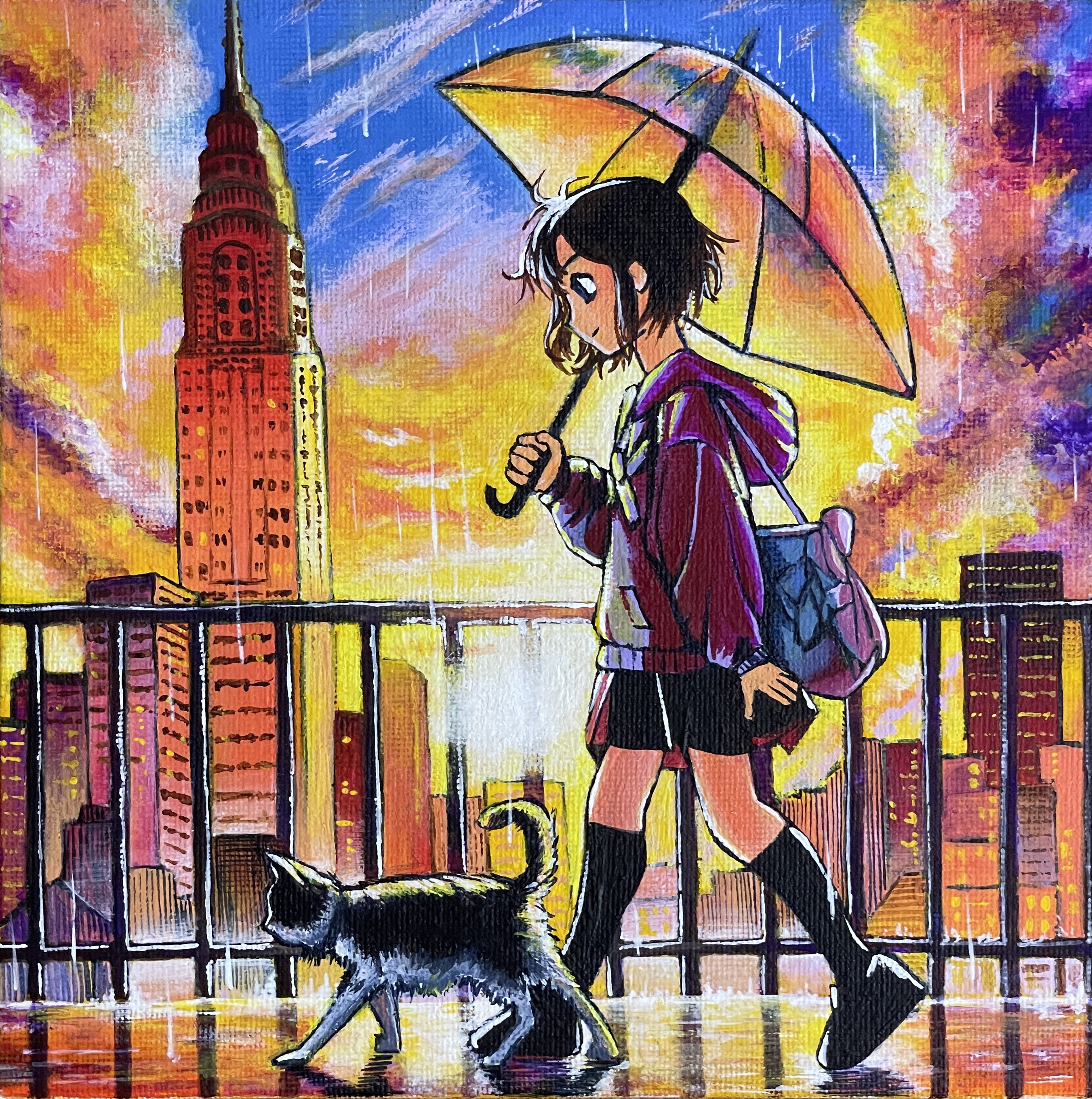 original, absurdres, acrylic paint (medium), commentary request, highres, painting (medium), traditional media, 1girl, arm at side, bag, black hair, black skirt, black socks, building, cat, chrysler building, city, closed mouth, colorful, dated commentary, from side, full body, hand up, holding, holding umbrella, hood, hood down, hoodie, kneehighs, miniskirt, multicolored sky, new york city, profile, purple hoodie, railing, rain, real world location, short hair, shoulder bag, skirt, sky, skyline, skyscraper, socks, solo, umbrella, user znxw3823, walking