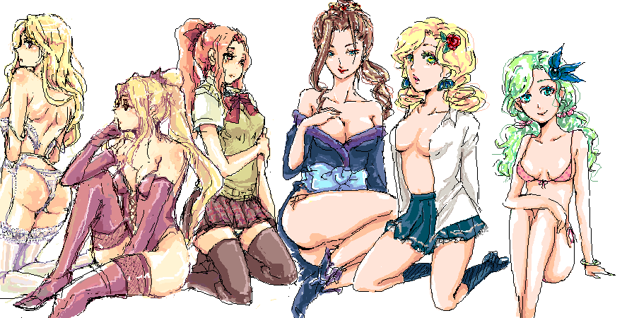 barbariccia, izayoi, porom, rosa farrell, rydia (ff4), ursula leiden, final fantasy, final fantasy iv, 1990s (style), 6+girls, bikini, blonde hair, blouse, breasts, brown hair, cleavage, corset, elbow gloves, female focus, gloves, green hair, japanese clothes, kimono, lingerie, long hair, looking back, miniskirt, multiple girls, open clothes, open shirt, ponytail, retro artstyle, school uniform, shirt, skirt, swimsuit, thighhighs, underwear