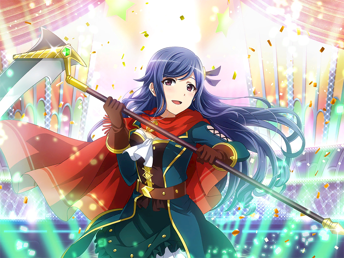 kochou shizuha, shoujo kageki revue starlight, shoujo kageki revue starlight -re live-, game cg, official art, 1girl, brown corset, brown gloves, cape, confetti, corset, gloves, green jacket, green skirt, holding, holding scythe, jacket, long hair, long sleeves, looking at viewer, open mouth, purple eyes, purple hair, red cape, scythe, skirt, solo, stage lights, standing, upper body