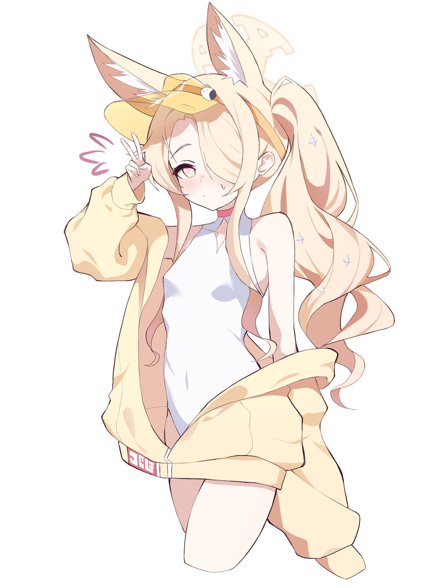 cardcat 00, seia (blue archive), seia (swimsuit) (blue archive), blue archive, highres, 1girl, animal ears, blonde hair, breasts, hair over one eye, halo, jacket, long hair, one-piece swimsuit, simple background, small breasts, solo, swimsuit, visor cap, white background, white one-piece swimsuit, yellow jacket
