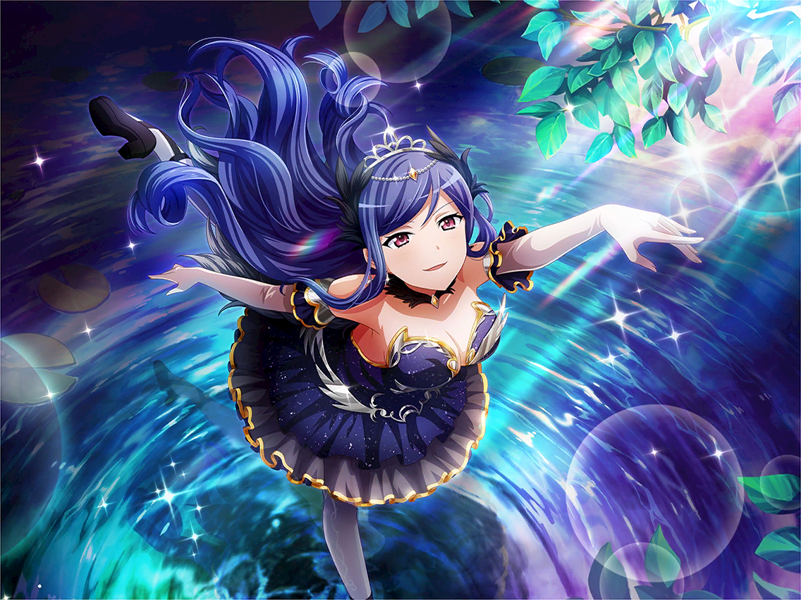 kochou shizuha, odile (swan lake), shoujo kageki revue starlight, shoujo kageki revue starlight -re live-, swan lake, game cg, official art, 1girl, ballerina, ballet slippers, black dress, black slippers, breasts, cleavage, cosplay, dress, elbow gloves, floating hair, gloves, looking at viewer, medium breasts, odile (swan lake) (cosplay), outstretched arms, parted lips, purple eyes, purple hair, slippers, solo, standing, standing on one leg, tiara, white gloves