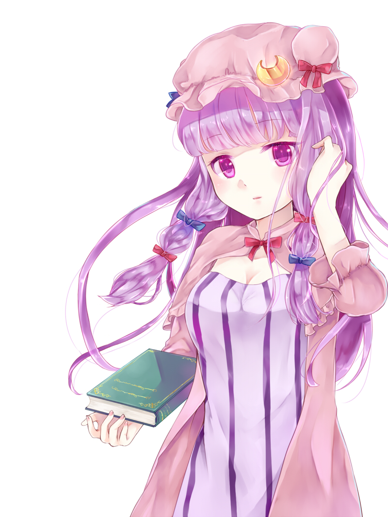 minatsuki yurara, patchouli knowledge, touhou, commentary request, 1girl, blue bow, book, bow, bowtie, breasts, cleavage, closed mouth, crescent, crescent hair ornament, crescent hat ornament, dress, hair bow, hair ornament, hat, hat ornament, holding, holding book, long hair, looking at viewer, mob cap, multiple hair bows, pink dress, pink hat, purple eyes, purple hair, red bow, red bowtie, simple background, solo, striped clothes, striped dress, vertical-striped clothes, vertical-striped dress, white background