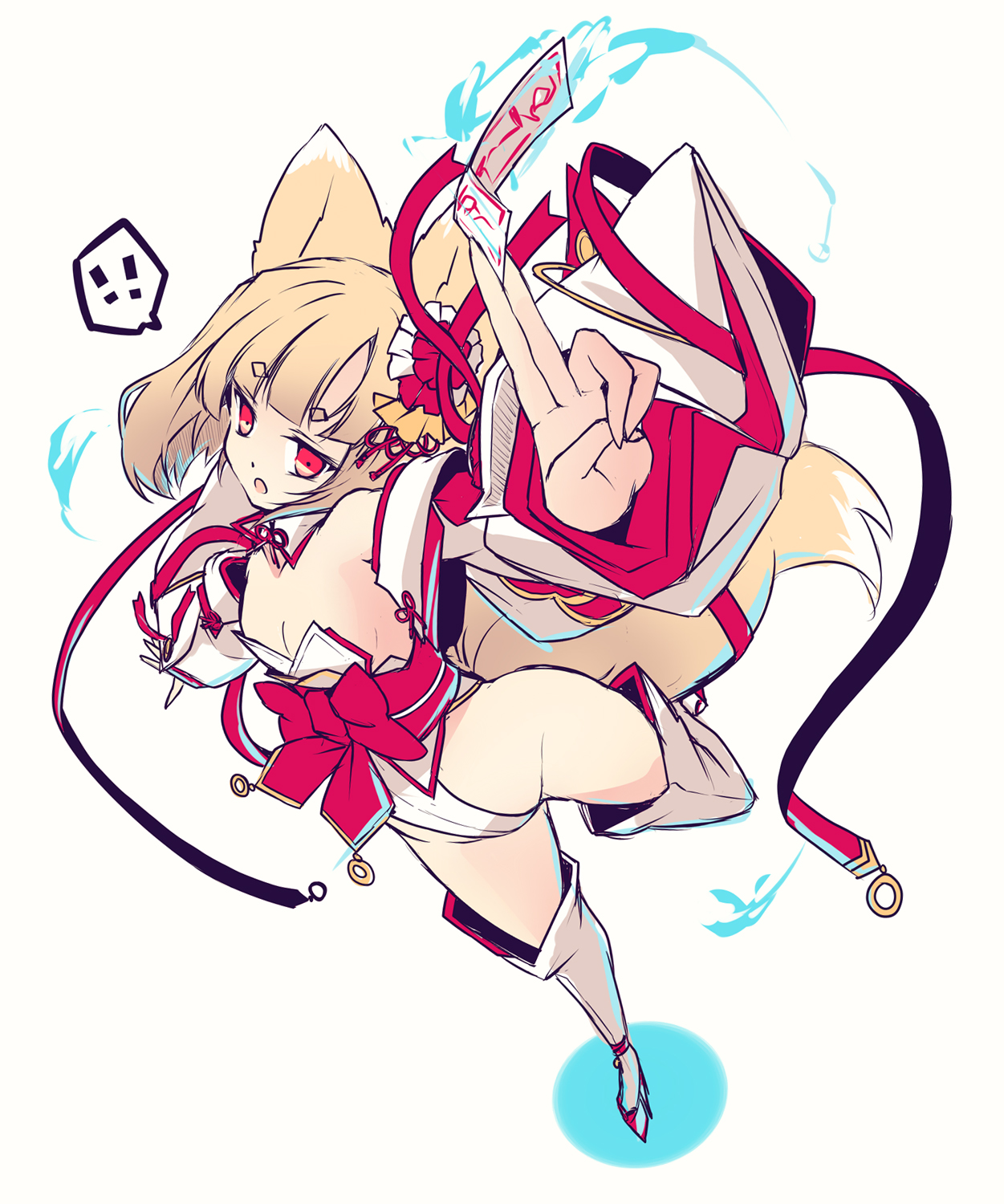 hisui (syarute), original, commentary request, highres, !, 1girl, animal ears, bare shoulders, blonde hair, blunt bangs, bow, breasts, cleavage, detached sleeves, fire, fox ears, fox tail, groin, highleg, highleg leotard, holding, holding ofuda, japanese clothes, kitsune, leg up, leotard, looking at viewer, nontraditional miko, obi, obiage, obijime, ofuda, okobo, platform sandals, pyrokinesis, red bow, red eyes, ribbon-trimmed sleeves, ribbon trim, sandals, sash, shadow, sideless kimono, simple background, small breasts, solo, spoken exclamation mark, tabi, tail, thick eyebrows, thighhighs, white background, white leotard, white sleeves, white thighhighs