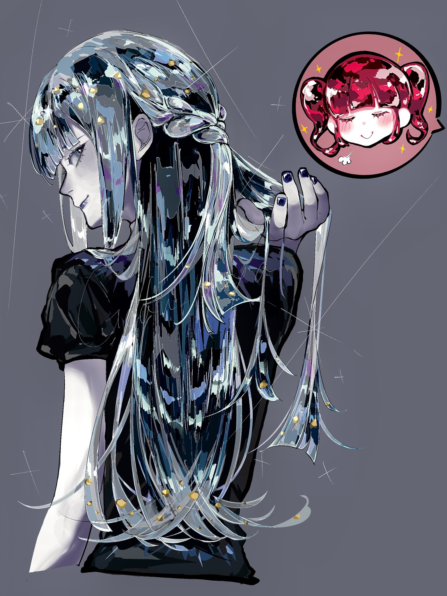 goan pizya, lapis lazuli (houseki no kuni), red beryl (houseki no kuni), houseki no kuni, commentary request, highres, bare arms, black shirt, blue eyes, blue hair, blue nails, colored skin, gem uniform (houseki no kuni), long hair, shirt, short sleeves, sparkle, white skin