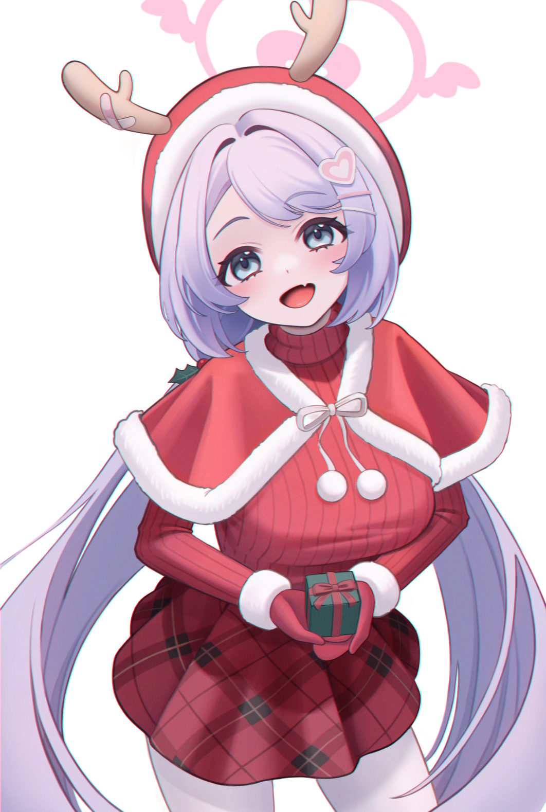 poyih, hanae (blue archive), hanae (christmas) (blue archive), blue archive, commentary request, highres, 1girl, antlers, blue hair, capelet, fake antlers, fang, gift, hair ornament, halo, heart, heart hair ornament, heart halo, holding, holding gift, horns, long hair, looking at viewer, low twintails, mittens, official alternate costume, pantyhose, pink halo, red capelet, red mittens, red sweater, reindeer antlers, ribbed sweater, skin fang, smile, solo, sweater, twintails, white background, white pantyhose
