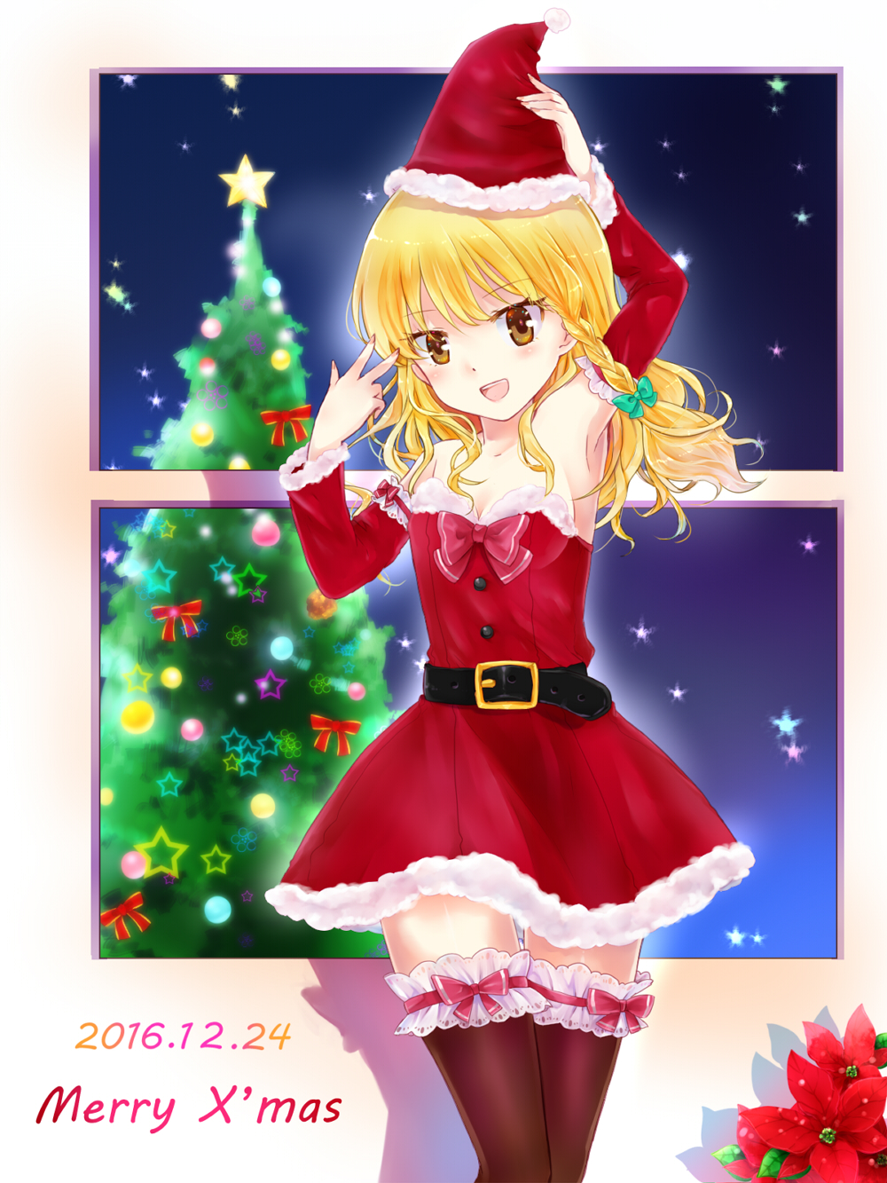 minatsuki yurara, kirisame marisa, touhou, commentary request, highres, 1girl, alternate costume, belt, black belt, blonde hair, bow, braid, breasts, brown eyes, brown thighhighs, christmas ornaments, christmas tree, cleavage, cowboy shot, dated, detached sleeves, dress, flower, fur-trimmed dress, fur-trimmed headwear, fur-trimmed sleeves, fur trim, green bow, hair bow, hat, merry christmas, open mouth, poinsettia, red dress, red flower, red hat, santa costume, santa dress, santa hat, shadow, side braid, single braid, solo, star (symbol), strapless, strapless dress, teeth, thighhighs, tree-topper, upper teeth only, w, zettai ryouiki