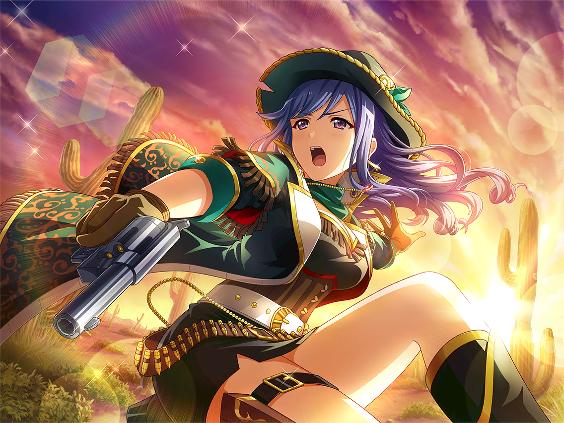 kochou shizuha, shoujo kageki revue starlight, shoujo kageki revue starlight -re live-, game cg, official art, weapon request, 1girl, belt, black skirt, brown gloves, bullet, cactus, floating hair, gloves, green hat, green jacket, gun, handgun, hat, holding, holding gun, holding weapon, holster, jacket, jewelry, necklace, open mouth, pencil skirt, purple eyes, purple hair, revolver, skirt, solo, thigh belt, thigh holster, thigh strap, trigger discipline, upper body, weapon, white belt