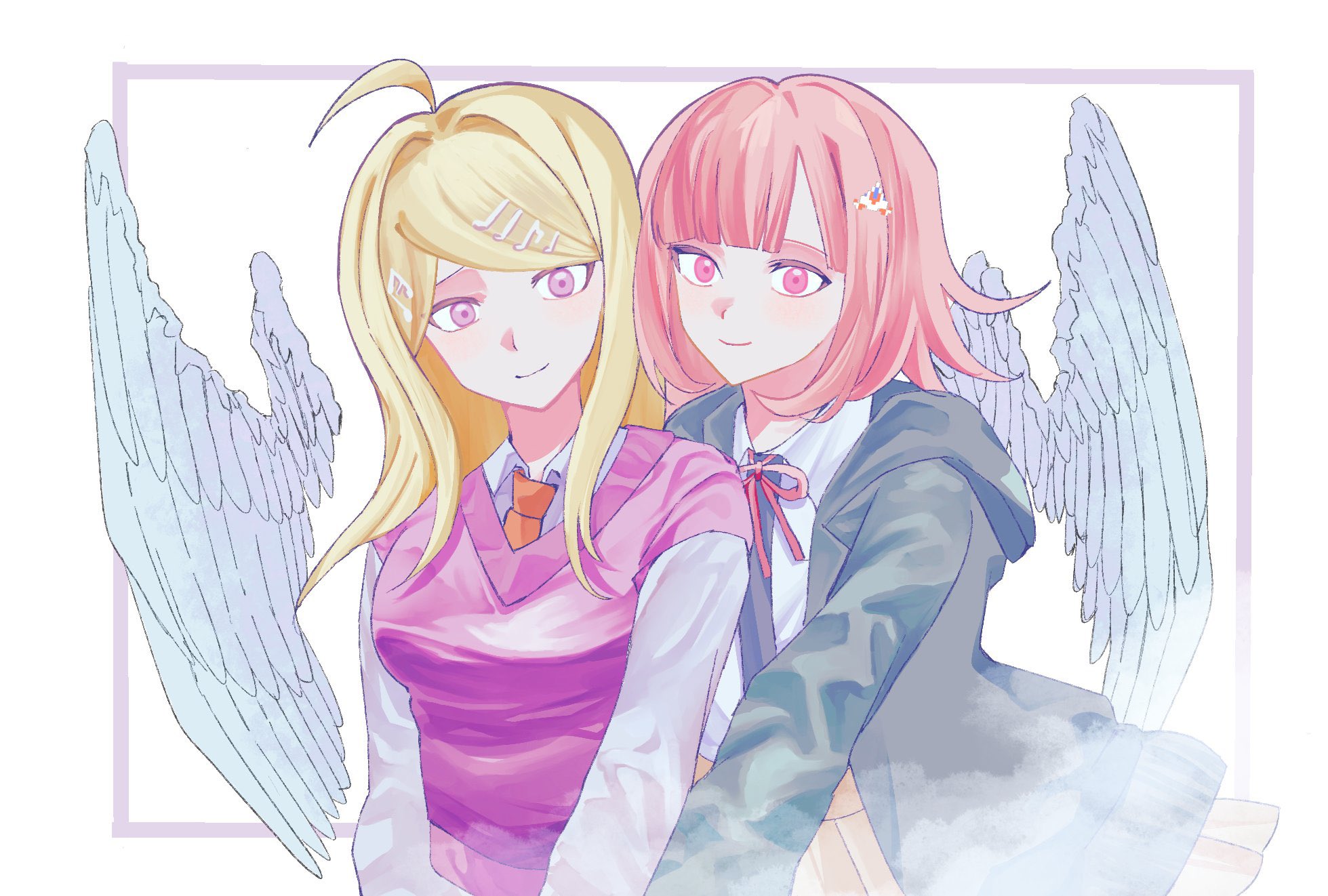 a-ru (r dngn), akamatsu kaede, nanami chiaki, danganronpa (series), danganronpa 2: goodbye despair, danganronpa v3: killing harmony, commentary request, highres, revision, 2girls, black jacket, black shirt, blonde hair, brown hair, eighth note, fortissimo, hair ornament, jacket, long hair, long sleeves, medium hair, multiple girls, musical note, musical note hair ornament, open clothes, open jacket, pink eyes, pink sweater vest, shirt, smile, sweater vest, two-tone shirt, white background, white shirt, wings