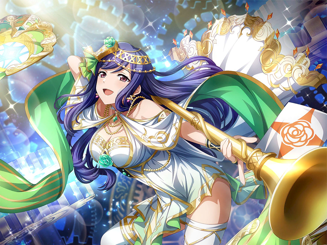 kochou shizuha, shoujo kageki revue starlight, shoujo kageki revue starlight -re live-, game cg, official art, 1girl, breasts, cleavage, dress, earrings, gears, headpiece, holding, holding instrument, horn (instrument), instrument, jewelry, judgement (tarot), large breasts, long hair, looking at viewer, purple eyes, purple hair, solo, tarot, upper body, white dress