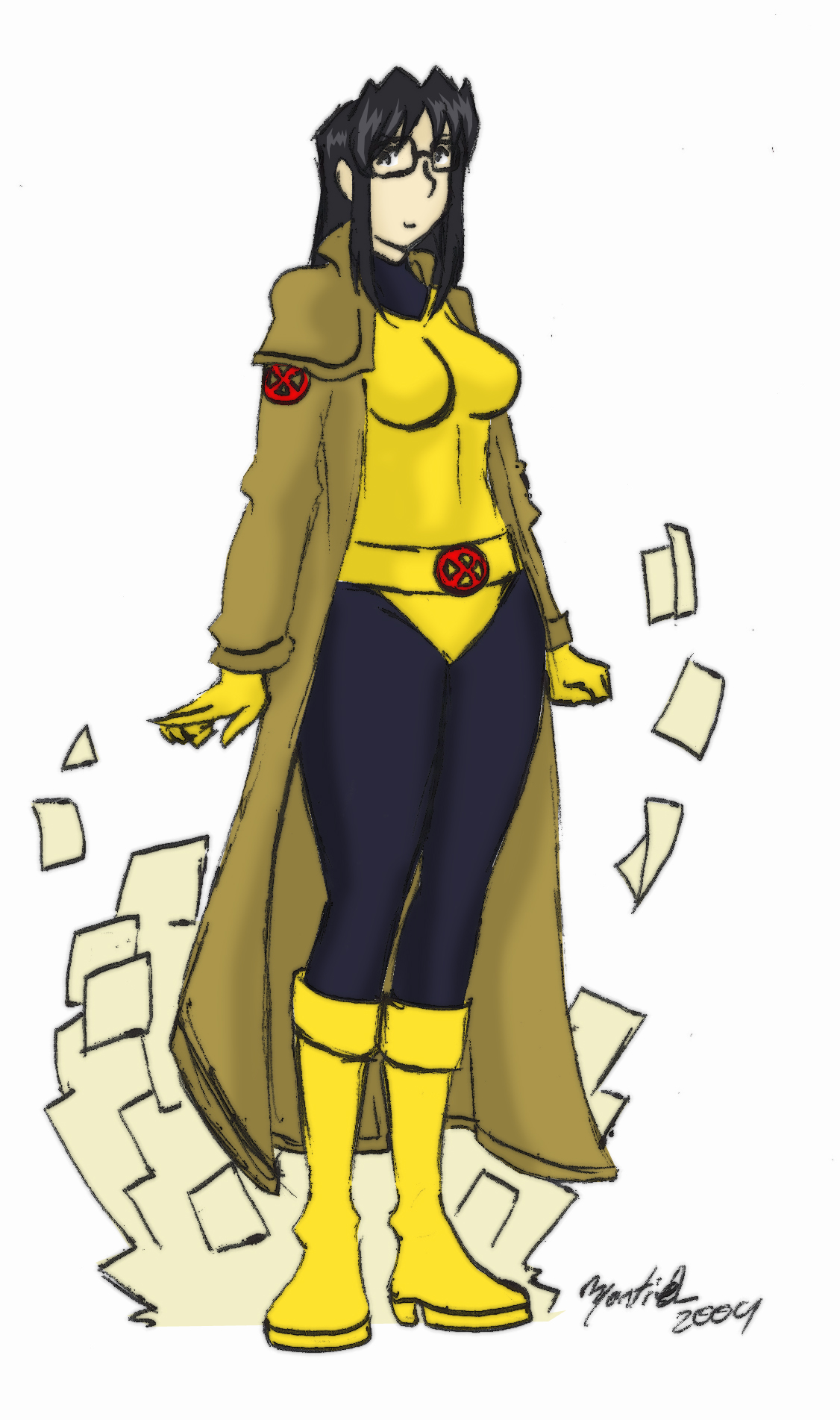 drawfag, yomiko readman, marvel, read or die, x-men, highres, 00s, 1girl, 2004, breasts, coat, cosplay, female focus, glasses, medium breasts, paper, signature, simple background, solo, trench coat, white background