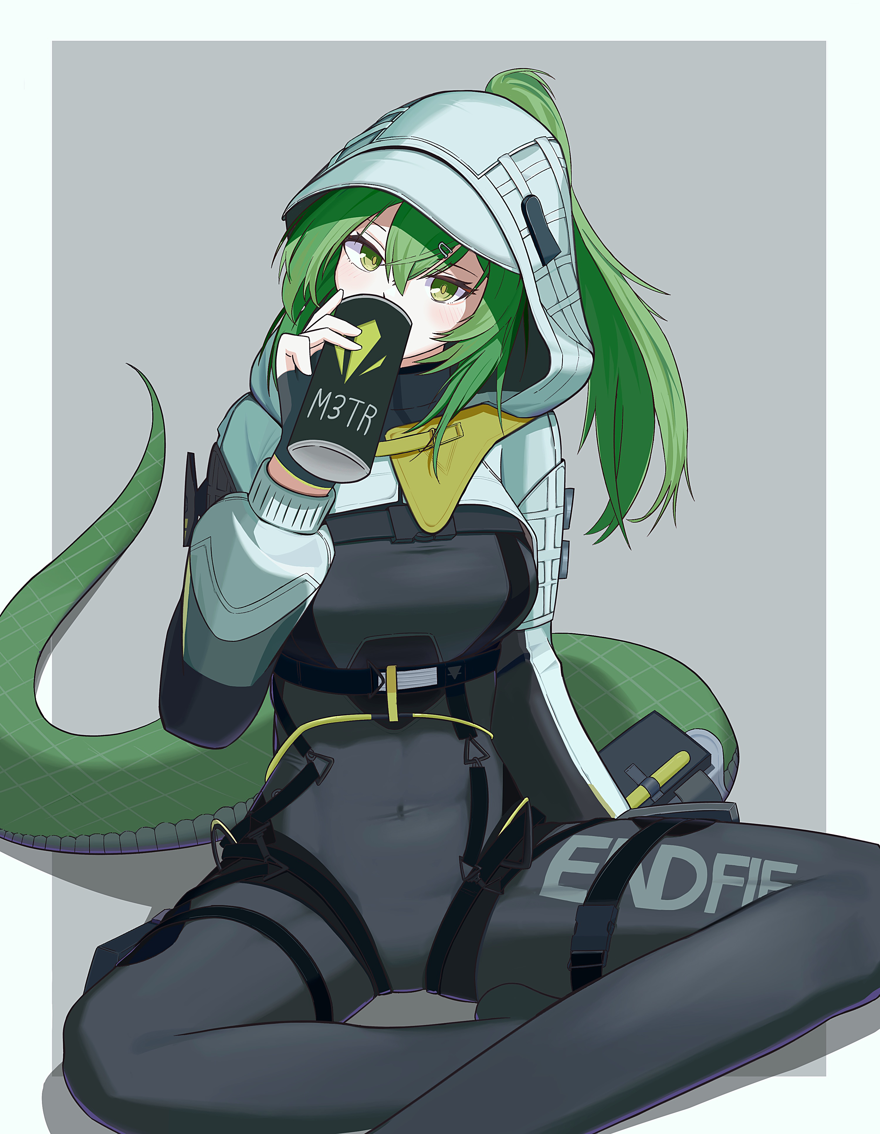 fluorite (arknights), arknights, arknights: endfield, absurdres, commentary, english commentary, highres, 1girl, azk2, breasts, fluorite (idolmaster), gloves, green eyes, green hair, short hair, snake tail, solo, tail