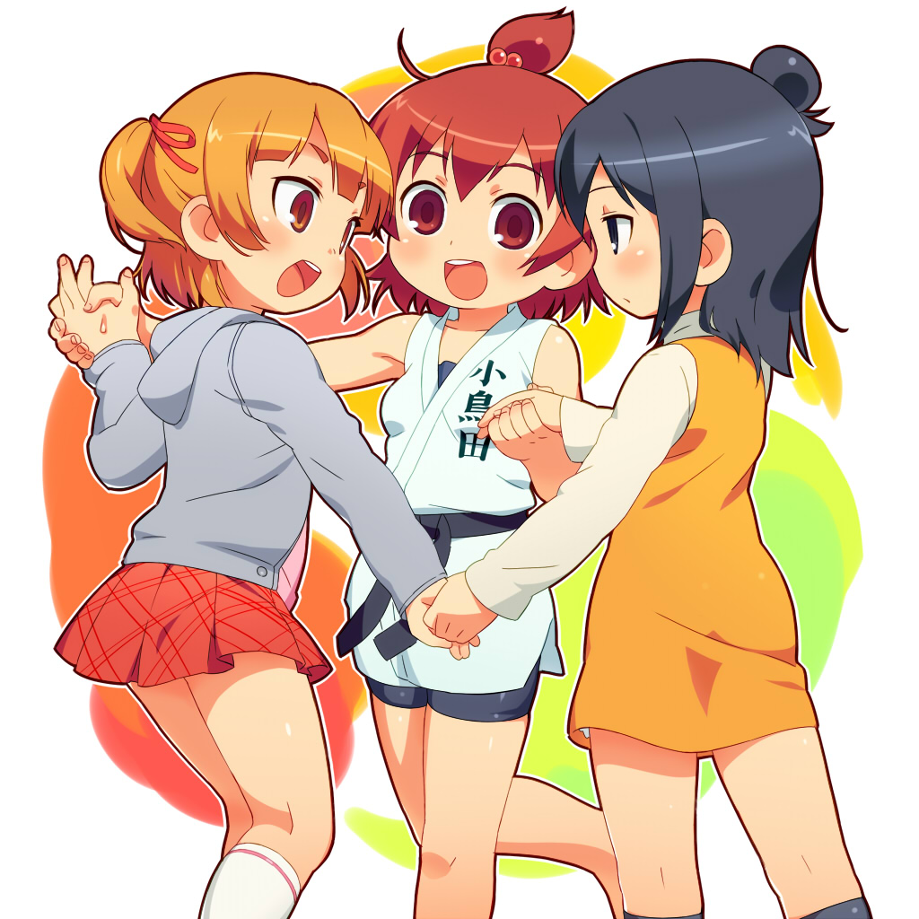 om (nk2007), marui futaba, marui hitoha, marui mitsuba, mitsudomoe (manga), uniform, 3girls, barefoot, belt, bike shorts, black eyes, black hair, brown eyes, brown hair, child, dress, hair bobbles, hair bun, hair ornament, holding hands, hood, hoodie, kneehighs, multiple girls, ponytail, red eyes, red hair, short hair, single hair bun, skirt, smile, socks, tri tails