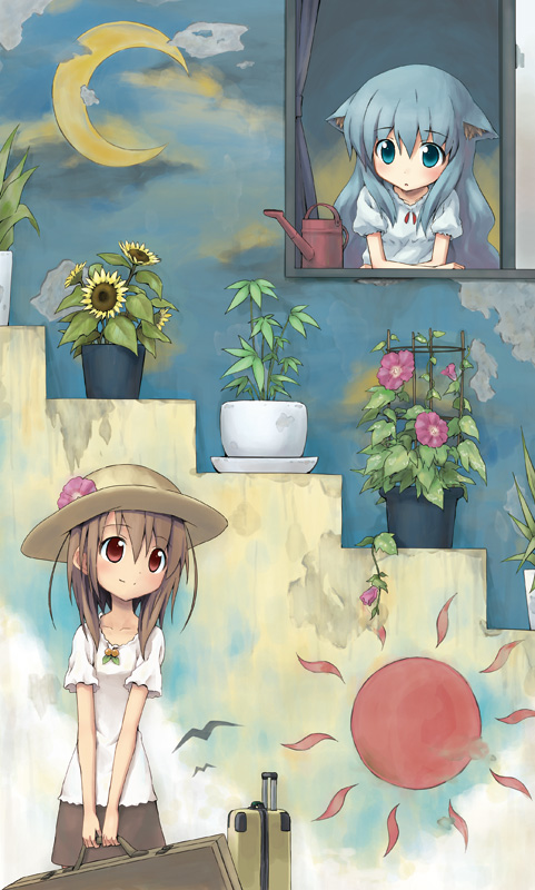 aikei ake, ake, original, animal ears, blue eyes, blue hair, brown hair, cat ears, crescent moon, flower, hat, long hair, moon, plant, potted plant, red eyes, skirt, stairs, suitcase, sun, watering can, window