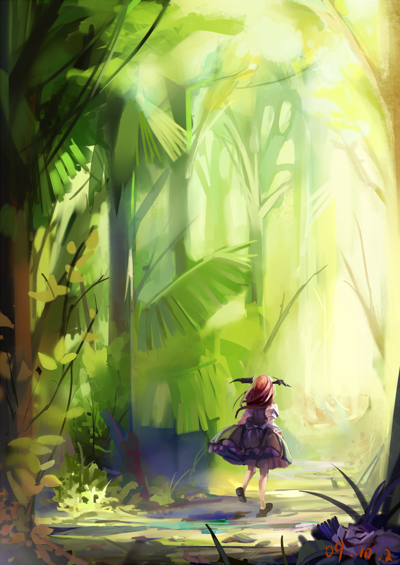 relax (artist), koakuma, embodiment of scarlet devil, touhou, bad id, bad pixiv id, 1girl, back, bow, female focus, forest, from behind, head wings, jungle, long hair, nature, outdoors, path, plant, red hair, road, running, scenery, shoes, skirt, solo, sunlight, walking, wings