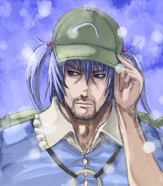 mitsuki yuuya, kawashiro nitori, touhou, 1boy, blue eyes, blue hair, genderswap, genderswap (ftm), hair bobbles, hair ornament, hat, male focus, manlification, manly, matching hair/eyes, solo