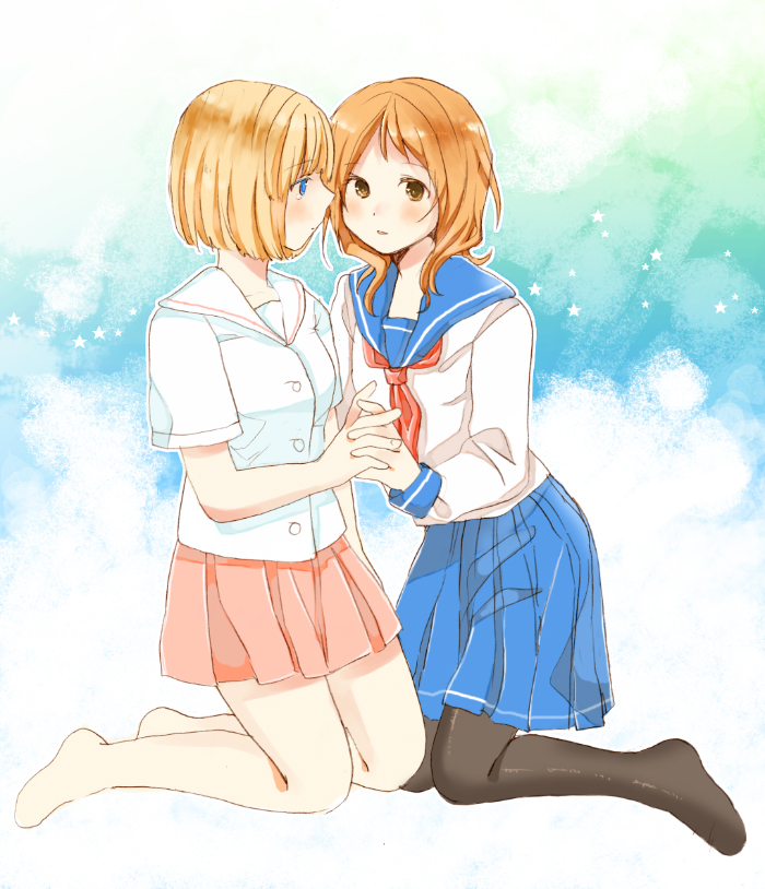 yoshioka mitsuko, fukuji mihoko, takei hisa, saki (manga), bad id, bad pixiv id, 00s, 2girls, barefoot, blonde hair, blue eyes, blush, brown eyes, brown hair, holding hands, kneeling, long hair, multiple girls, pantyhose, school uniform, serafuku, short hair, skirt, tears, yuri
