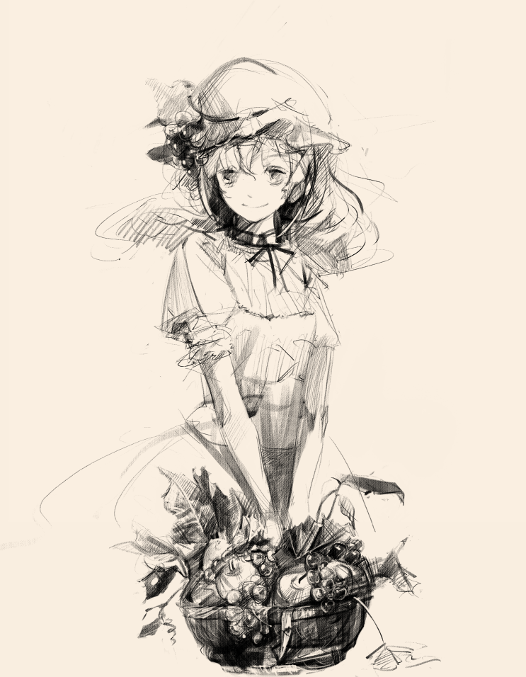 relax (artist), aki minoriko, touhou, 1girl, basket, choker, dress, female focus, food, fruit, grapes, holding, monochrome, ribbon choker, short hair, sketch, smile, solo, v arms