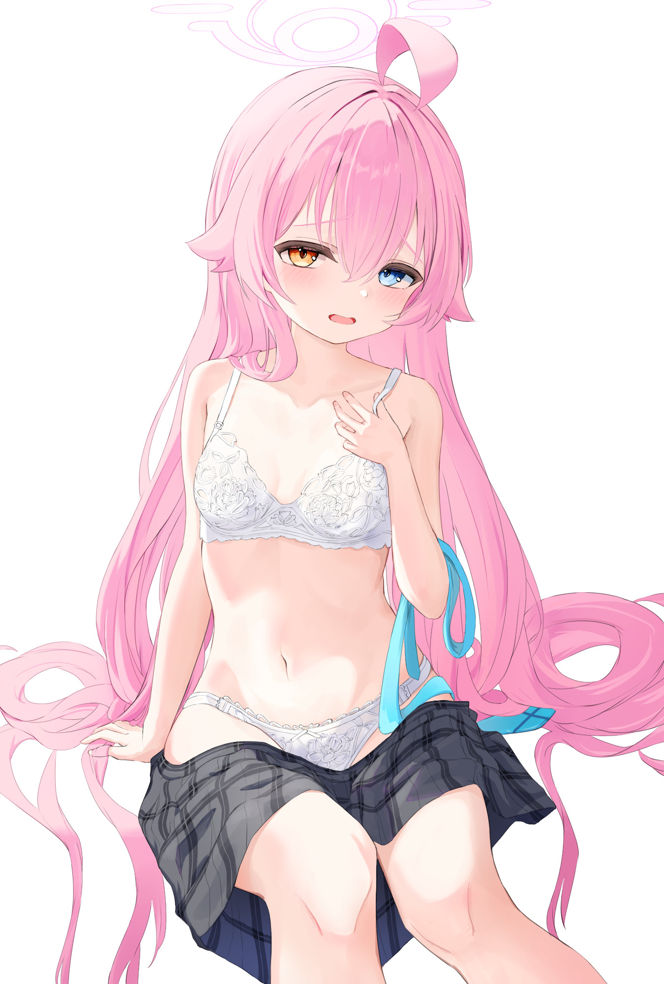 maruabcm, hoshino (blue archive), blue archive, commentary request, highres, 1girl, ahoge, blue-tinted eyewear, blue necktie, blush, bra, clothes pull, halo, heterochromia, huge ahoge, lace, lace-trimmed bra, lace-trimmed panties, lace trim, long hair, looking at viewer, necktie, no shirt, open mouth, panties, pink hair, pink halo, plaid clothes, plaid skirt, sitting, skirt, skirt pull, solo, tinted eyewear, underwear, unworn necktie, white background, white bra, white panties