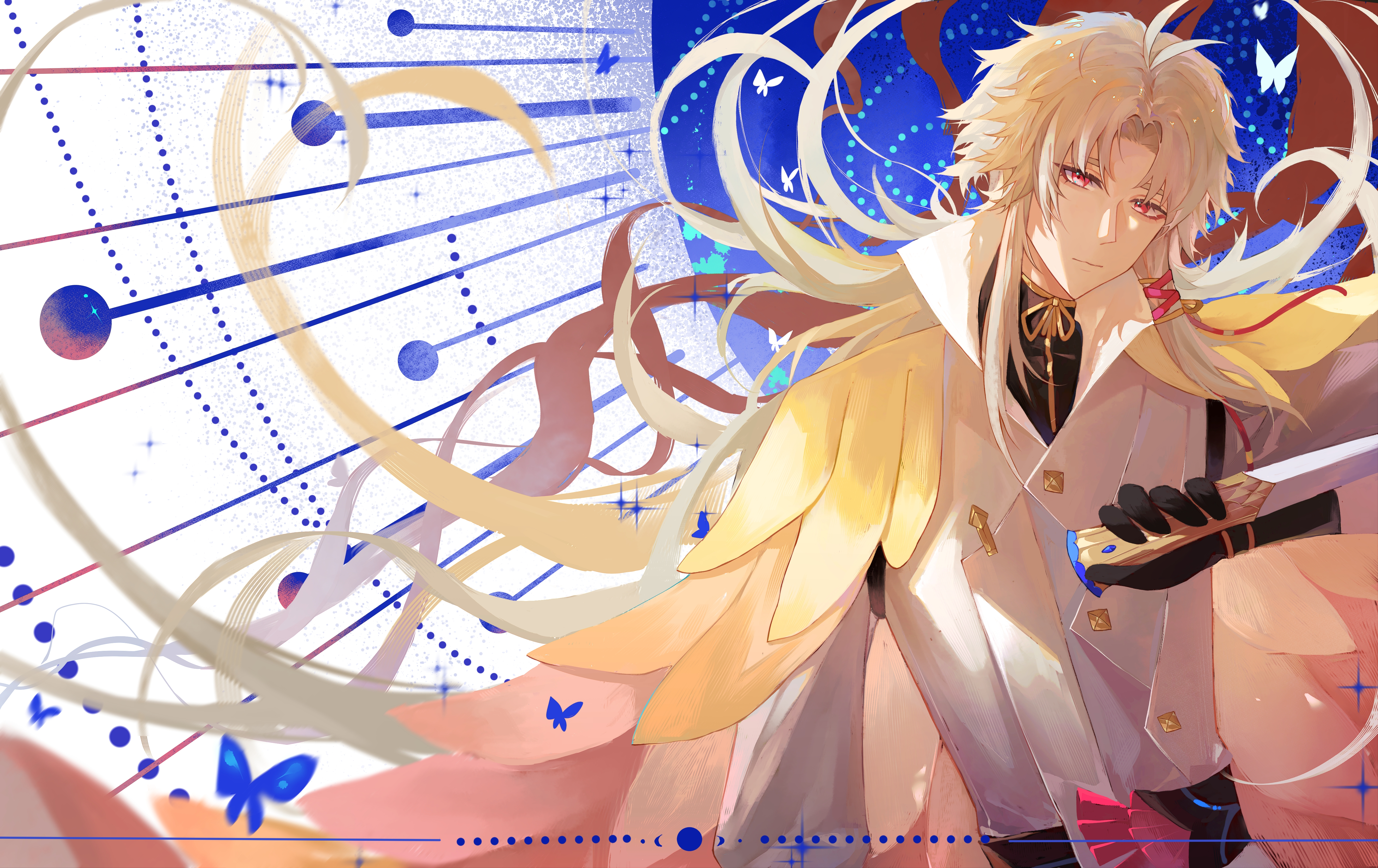 baizhe shi tang, squirrel fish (the tale of food), the tale of food, absurdres, chinese commentary, commentary request, highres, 1boy, antenna hair, arm at side, black gloves, black shirt, blonde hair, blue background, blue butterfly, bug, butterfly, buttons, cape, closed mouth, curtained hair, dagger, diamond button, expressionless, feathered cape, floating hair, gloves, hair ribbon, high collar, holding, holding dagger, holding knife, holding weapon, insect, jacket, knife, long hair, long sleeves, looking at viewer, male focus, neck ribbon, orange cape, parted bangs, pink eyes, pink ribbon, reverse grip, ribbon, shirt, sidelocks, solo, sunburst, tress ribbon, two-tone cape, upper body, weapon, white background, white butterfly, white jacket, yellow cape, yellow ribbon