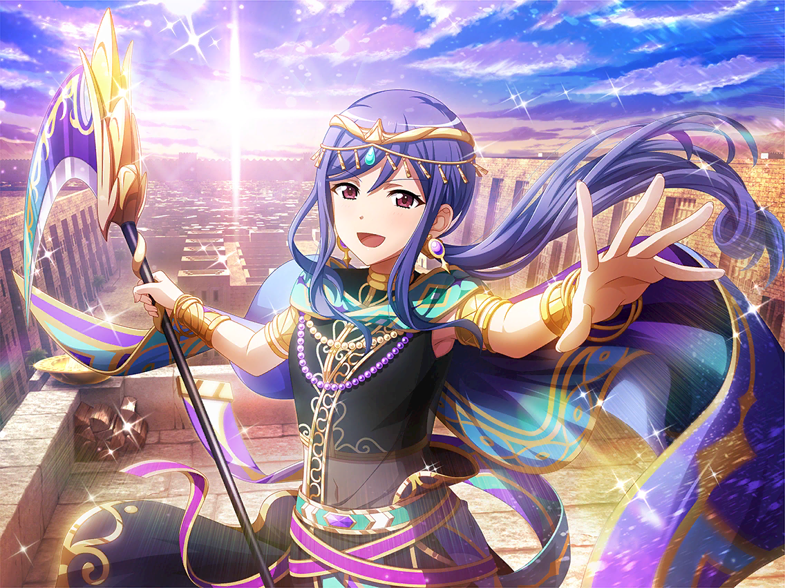 kochou shizuha, shoujo kageki revue starlight, shoujo kageki revue starlight -re live-, game cg, official art, 1girl, black shirt, bracelet, cape, earrings, floating hair, headpiece, holding, holding scythe, jewelry, looking at viewer, open mouth, outstretched arms, ponytail, purple cape, purple eyes, purple hair, scythe, shirt, sidelocks, solo, standing, upper body